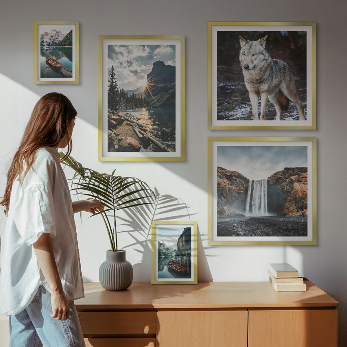 WANDBILDER 5er Set - 50x50 cm & 20x30 cm & 40x60 cm Goldrahmen - Berge, Seen, Wasserfall, Wolf - Goldfarben, Kunststoff (40/60cm) - ArtPrintCave