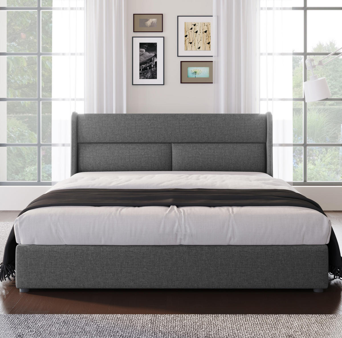 TAPECIRANI krevet od lana 160x200 cm sivi s podesivim uzglavljem i hidrauličnim spremištem - siva, tekstil (160/200cm) - Modfu