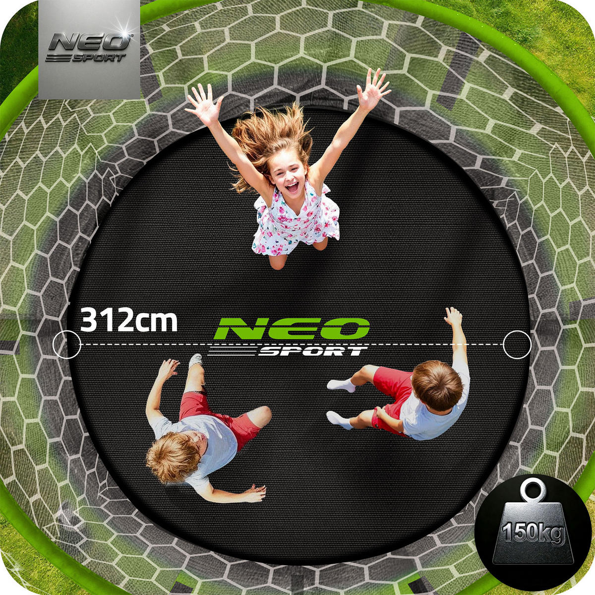 PROFILIERTES Gartentrampolin 10 ft/312 cm mit Innennetz - Grün, Metall (312/312cm)