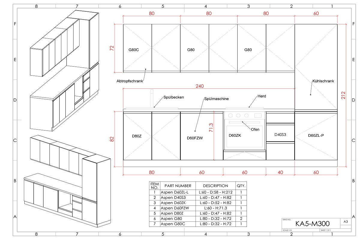 KÜCHENZEILE 300 cm - Aspen KA5-M300 - in Weiß/Hochglanz - Weiß Hochglanz, Holz (300/212/58cm)
