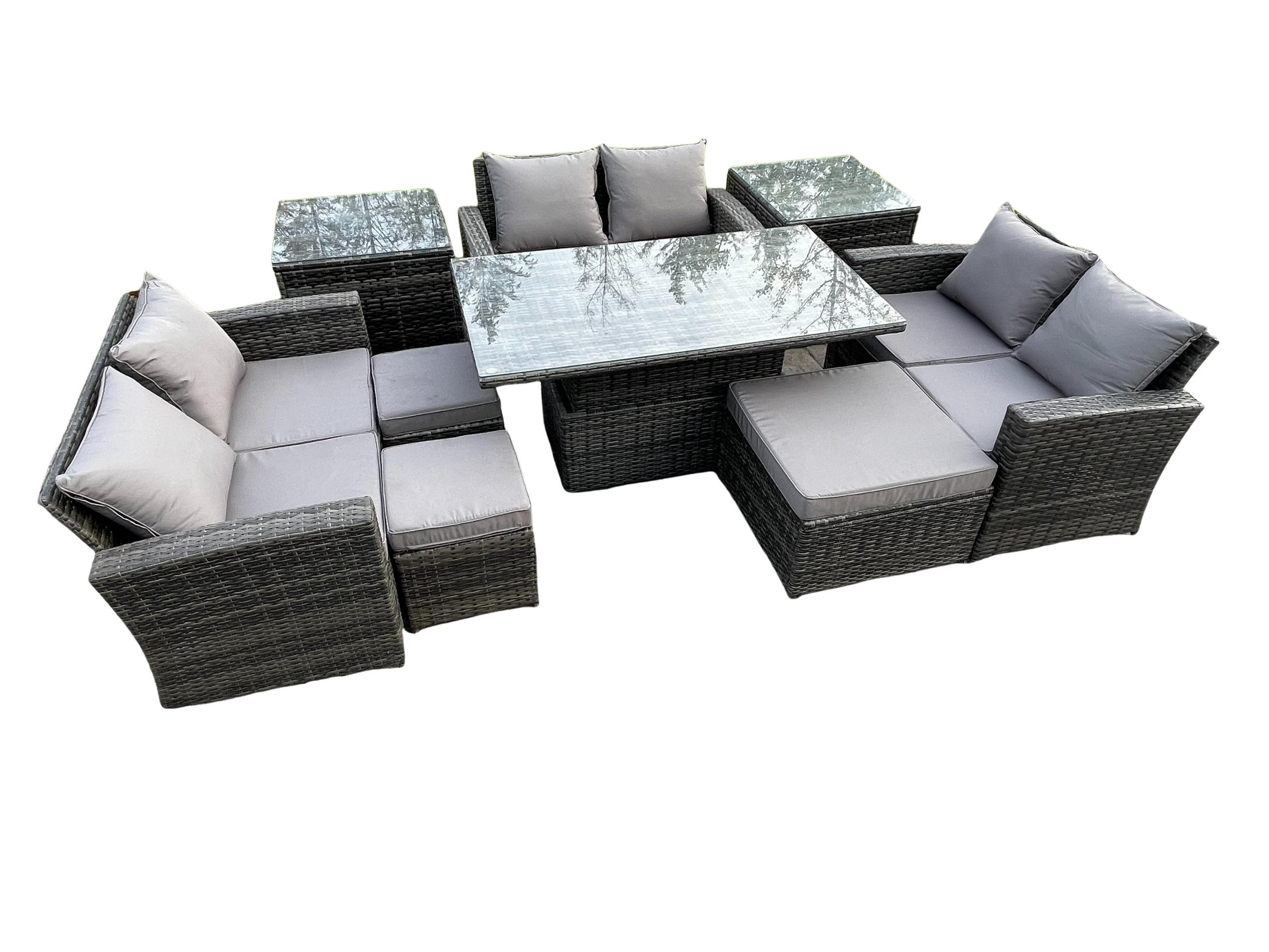 GARTENMÖBEL Set Polyrattan Dunkelgrau 9-Sitzer - Dunkelgrau, Metall - Fimous