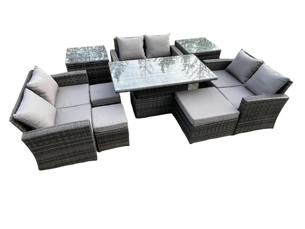 GARTENMÖBEL Set Polyrattan Dunkelgrau 9-Sitzer - Dunkelgrau, Metall - Fimous