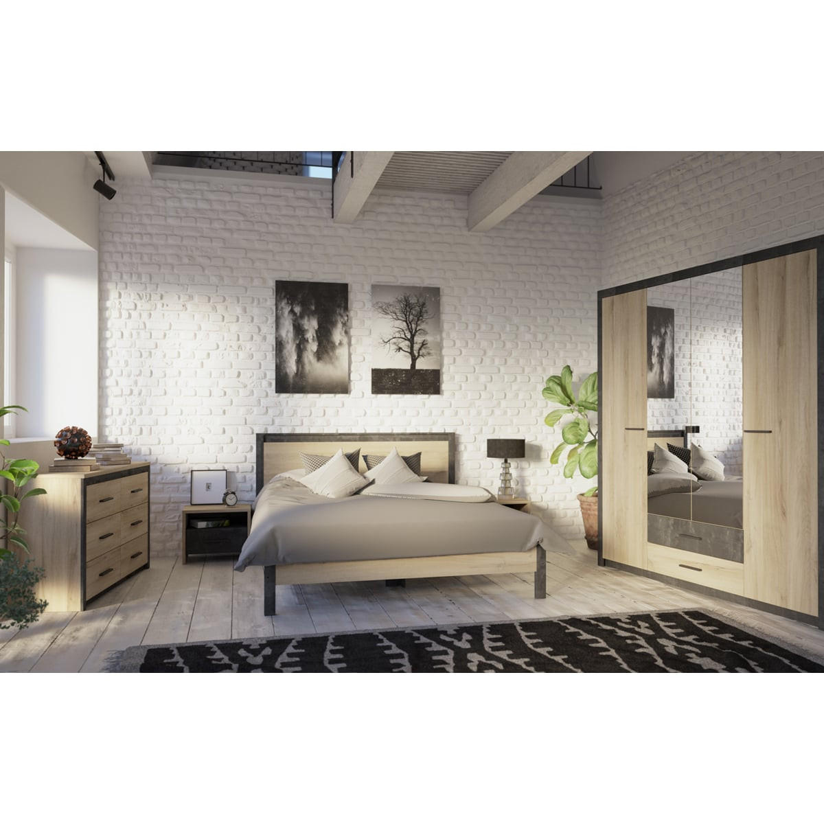 KOMMODE mit 6 Schubladen, Eiche und Schwarz Dekor L129 cm - Colorado - Eichefarben, Holzwerkstoff (41.8/77.1/41.3cm) - Calicosy