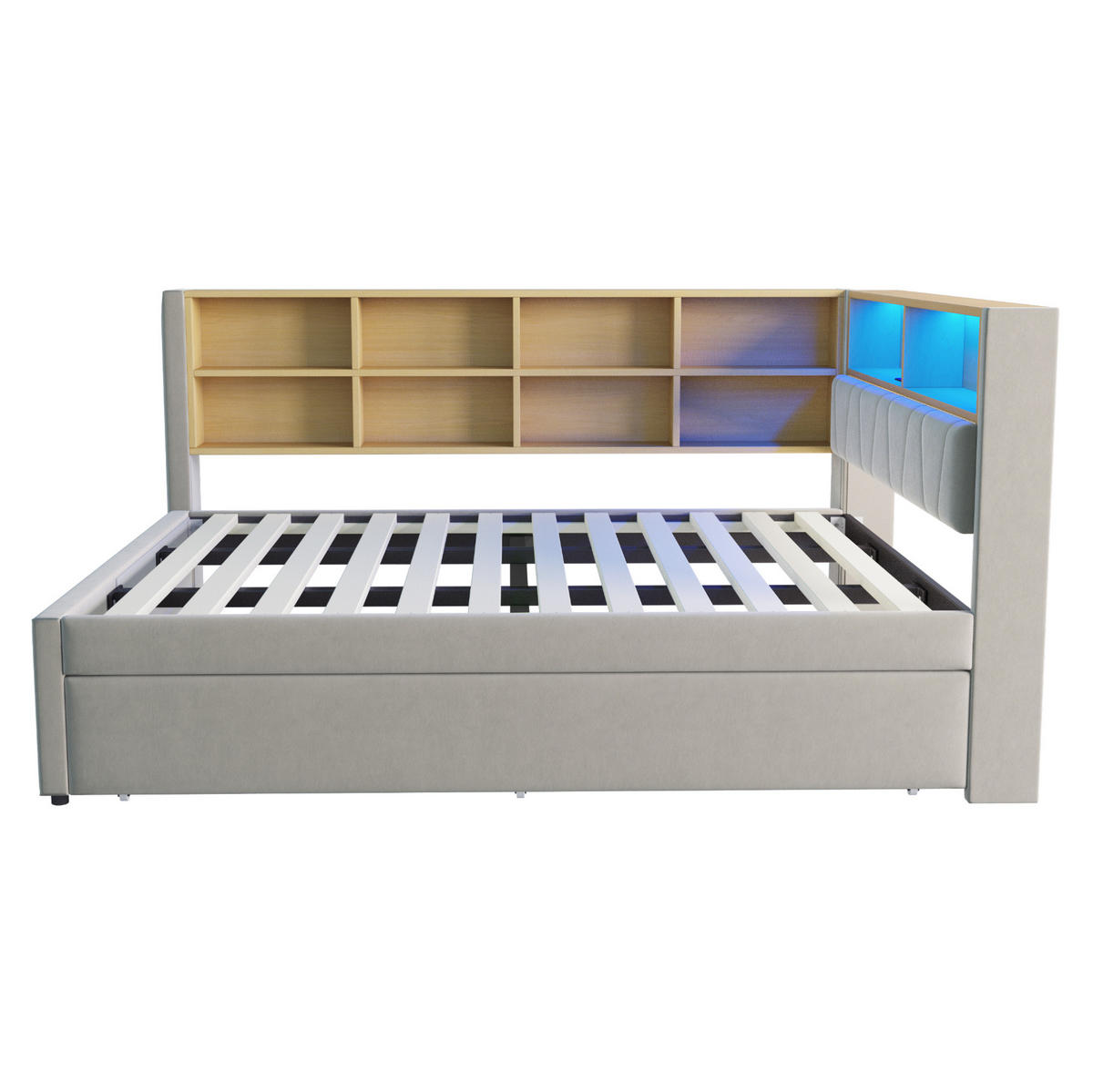 POLSTERBETT 140/200 cm aus Flanell mit LED-Leuchten und Stauraum, Hellgrau - Hellgrau, Textil (140/200cm) - OKMYHOME