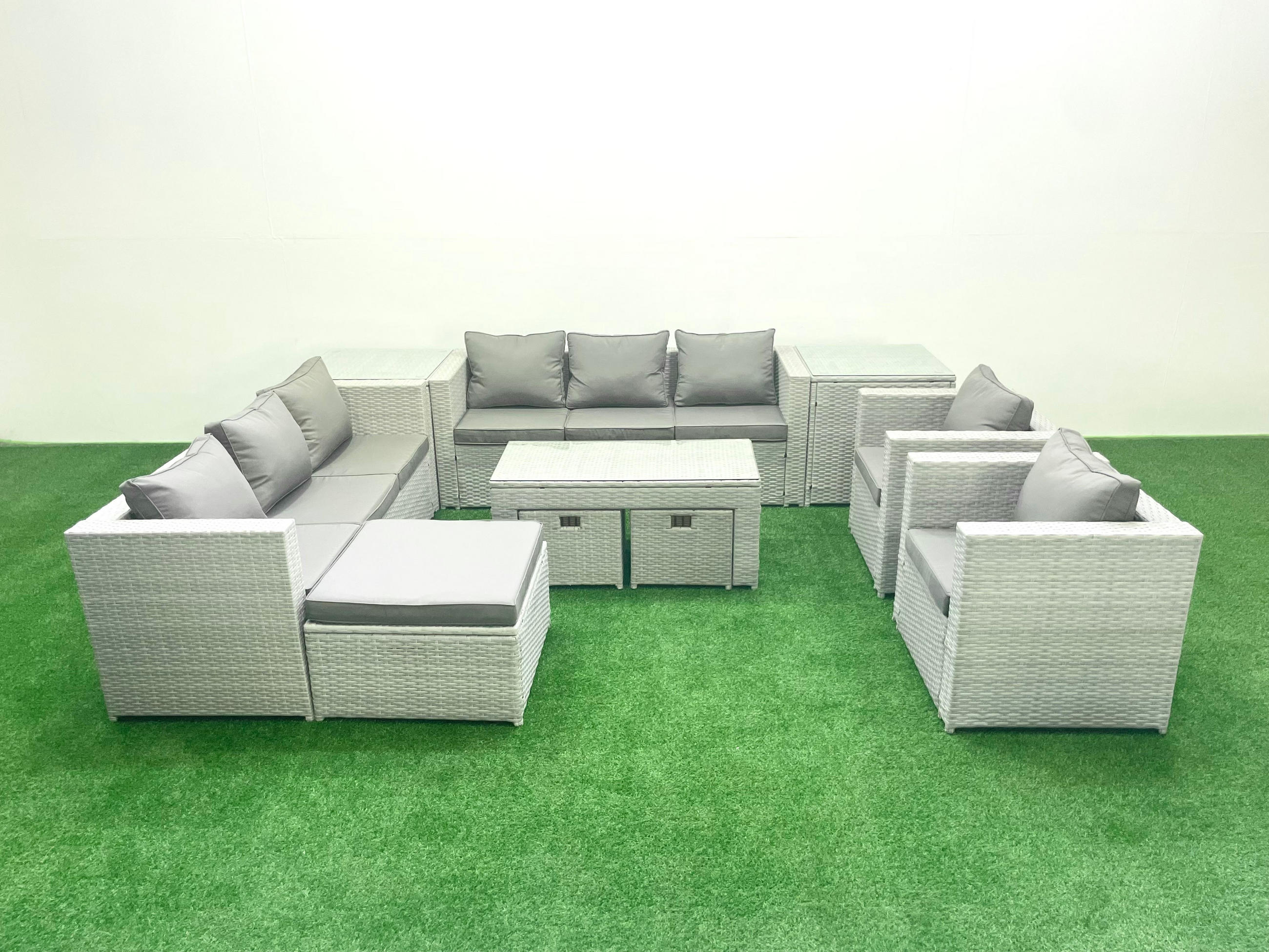 GARTENSOFA hohe Rückenlehne Polyrattan Hellgrau-Mix 11-Sitzer - Hellgrau/Grau, Glas/Kunststoff - Fimous