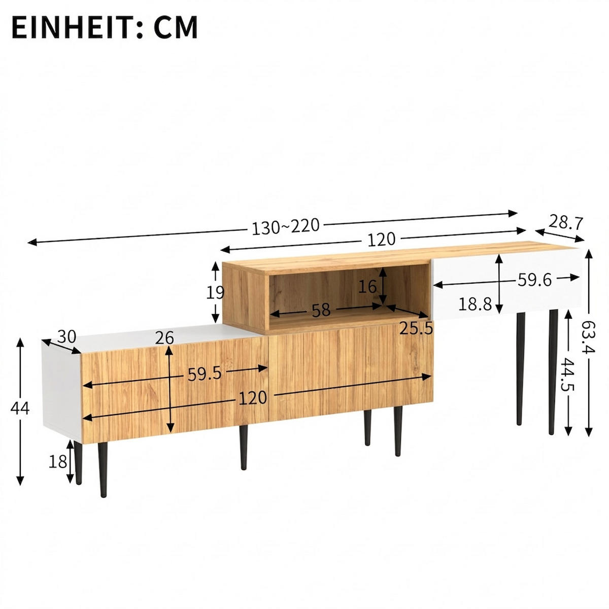 TV-SCHRANK 130-220/30/63.4 cm Holzfarbe mit verstellbarer Länge - Weiß, Holzwerkstoff/Metall (220/63.4/30cm) - Oxeza