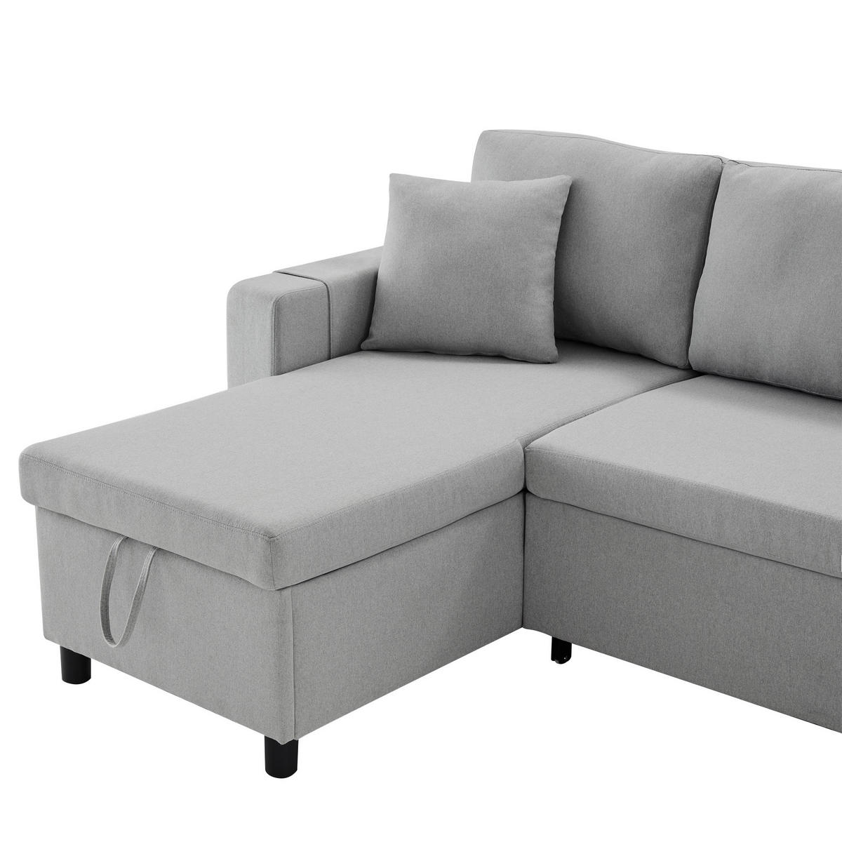 ECKSOFA L-Form mit Chaiselongue & Stauraum grau Leinen 219,5/142,5/83 cm - Grau, Textil (219.5/142.5cm) - OKWISH