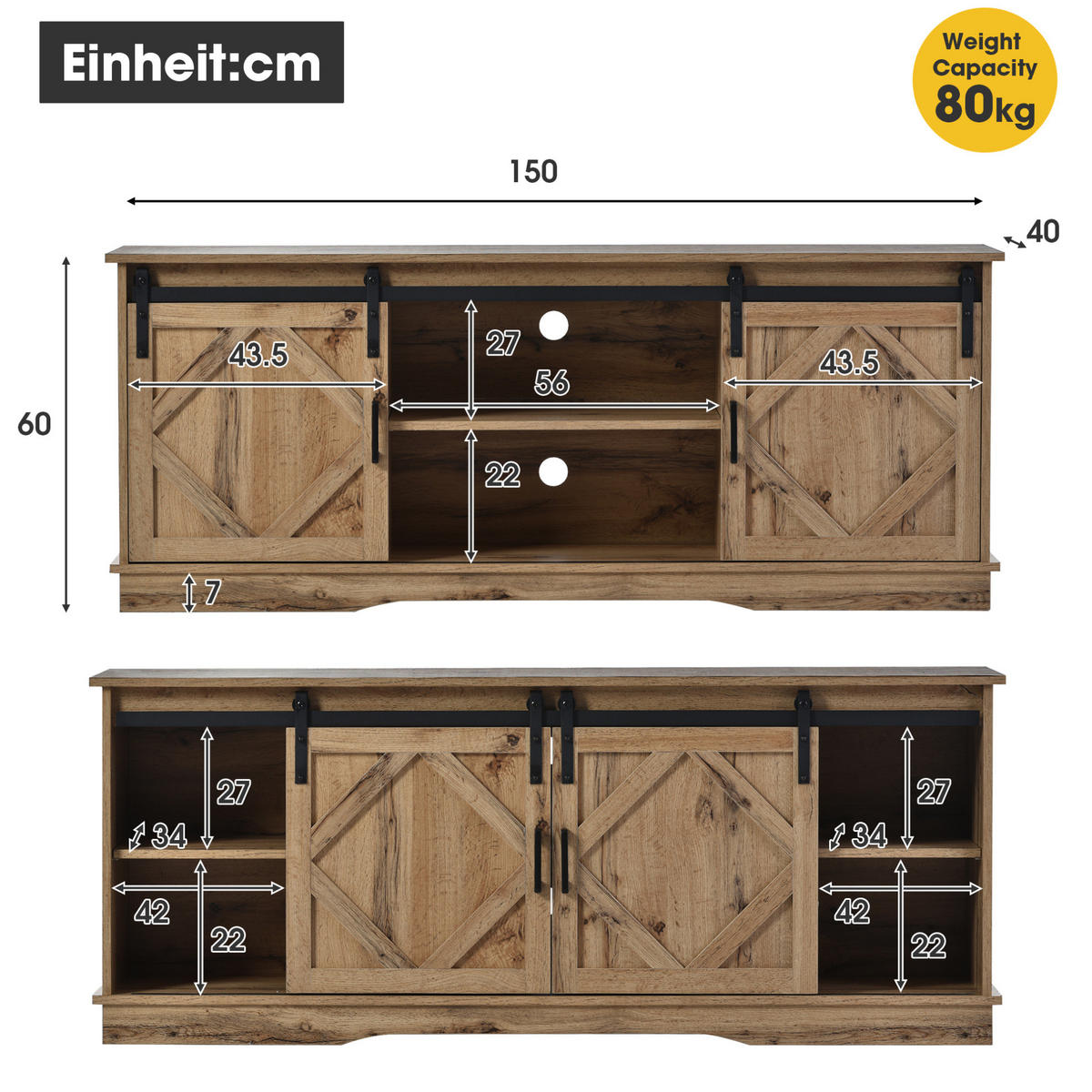 LOWBOARD 150/40/60 cm aus Spanplatte mit Schiebetüren und verstellbaren Einlegeböden Braun - Braun, Holzwerkstoff (150/60/40cm) - Modenvie