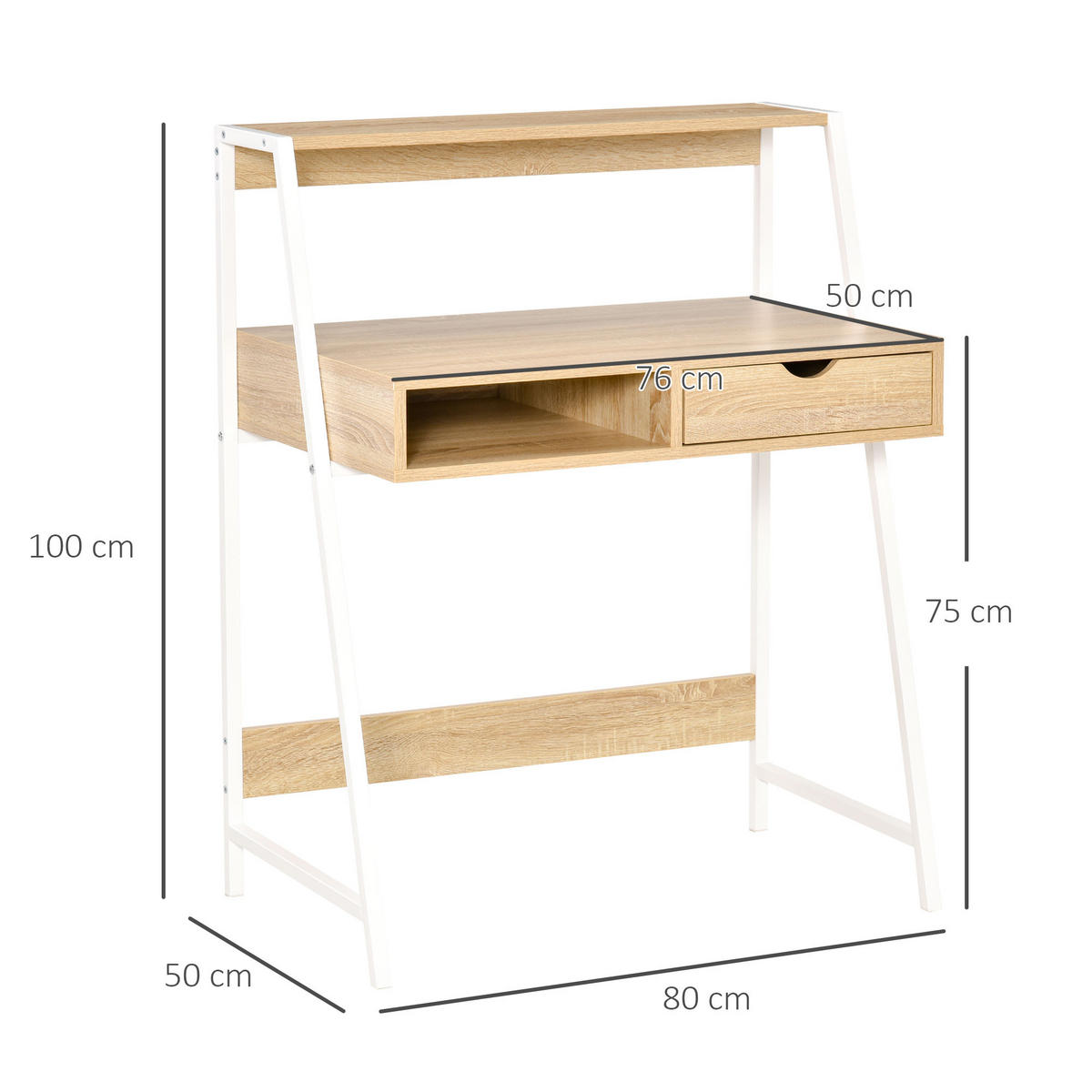 SEKRETÄR SCHREIBTISCH Weiß und Eichefarben mit Schublade und Ablage 80/50/100 cm - Naturfarben, Holzwerkstoff (50/80/100cm) - PANGIVO
