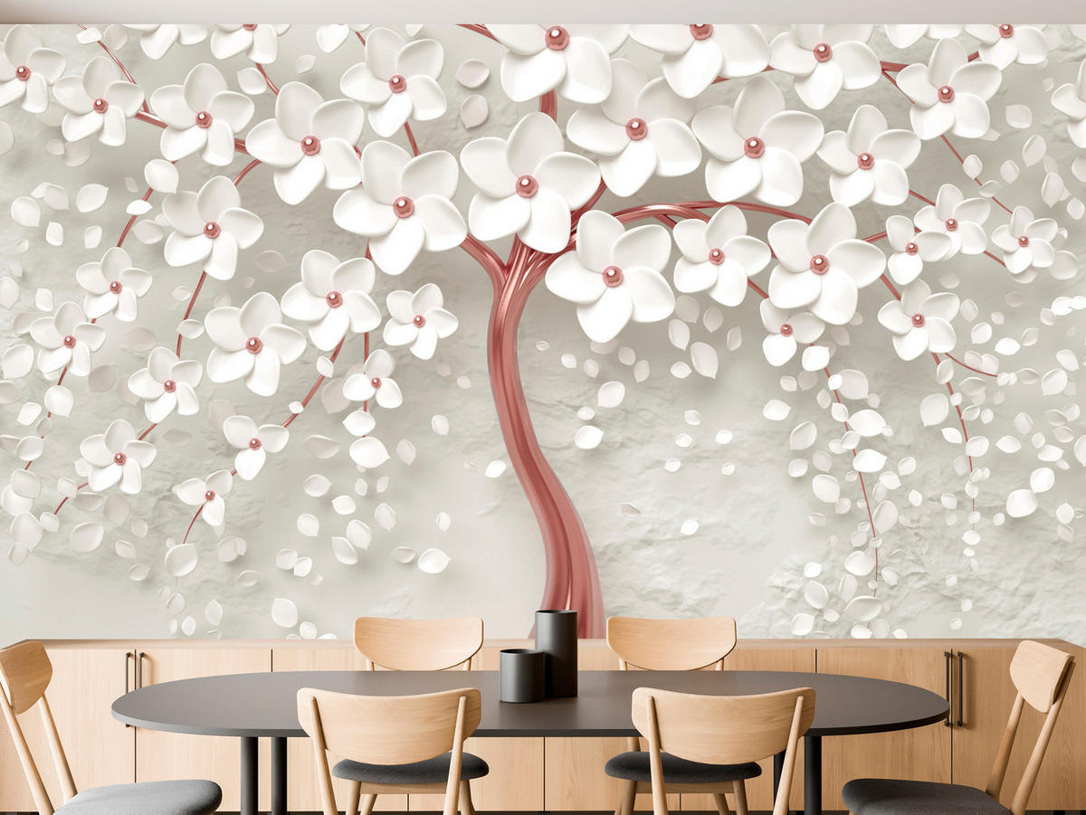 FOTOTAPETE für Schlafzimmer Perlmutt Blumen Abstract Baum 250x175 - Beige/Rosa, Papier (250/175cm) - Muralo