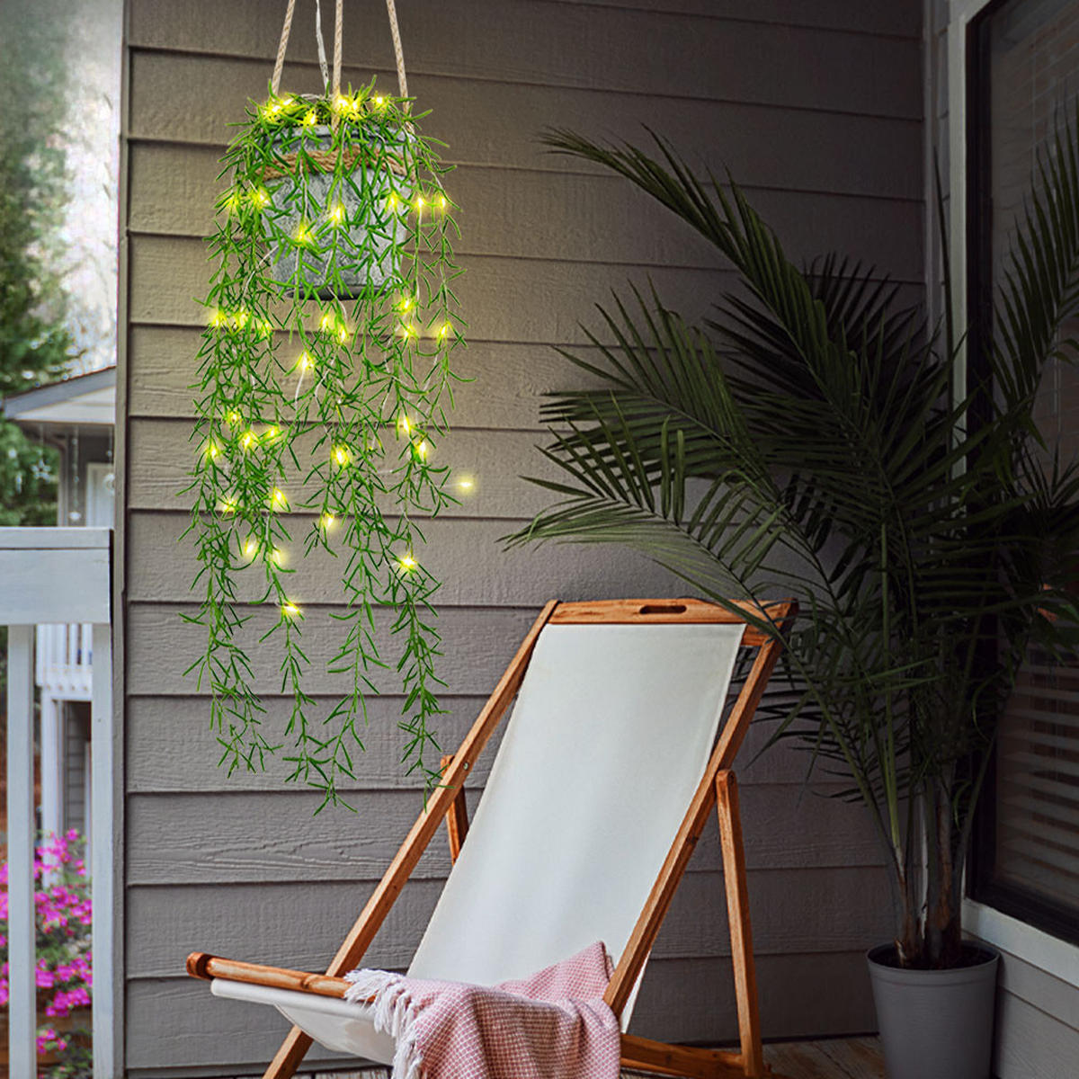 LED AUSSENLEUCHTE Kunstpflanze Hanfseil Grün 2er Set - Multicolor, Kunststoff (13/13/90cm) - Globo Lighting