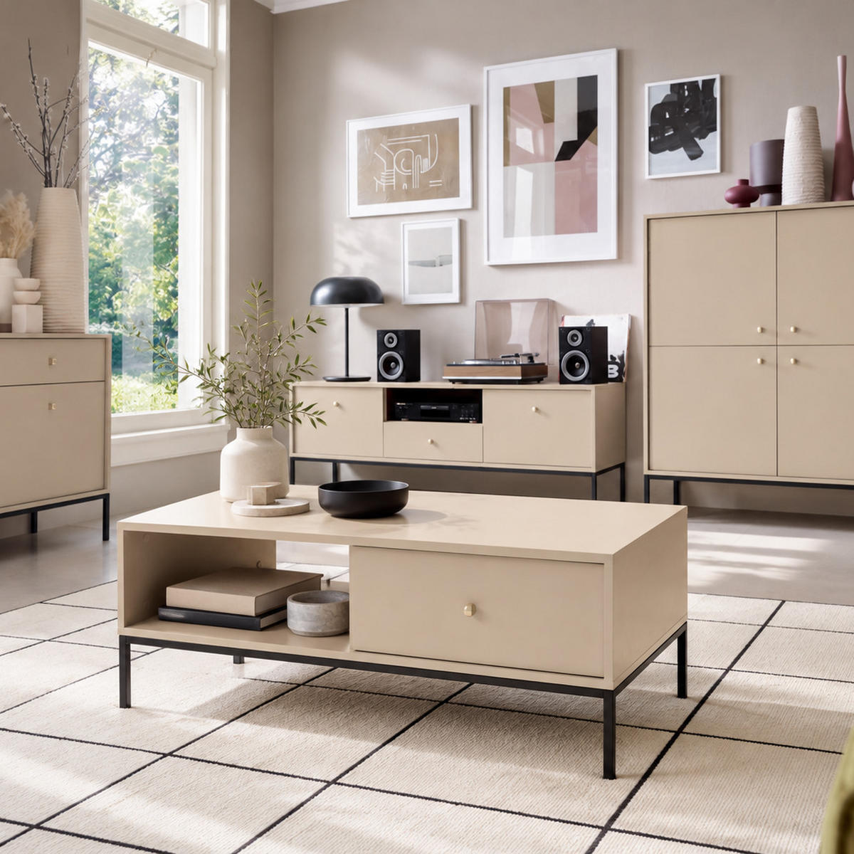 COUCHTISCH BARI Ł2SZ (Beige, Goldene Griffe, Schwarzes Gestell, Schubladen) - Beige/Goldfarben, Holz/Holzwerkstoff (68/104/46cm) - Ravio