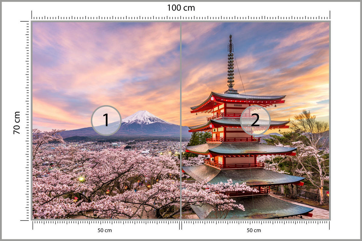 FOTOTAPETA Pre Obývaciu Izbu Japonská Pagoda Jar Západ Slnka 100 x 70 cm - oranžová/sivá, papier (100/70cm) - Muralo