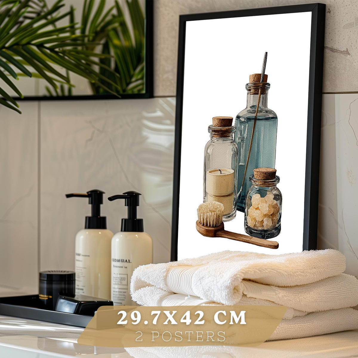 PLAKÁT Sada 2 dekorativních koupelnových tiskůs květinami a lahvemi, přírodní styl Černý rám A3 - černá, papír (42/29.7/3cm) - Nacnic