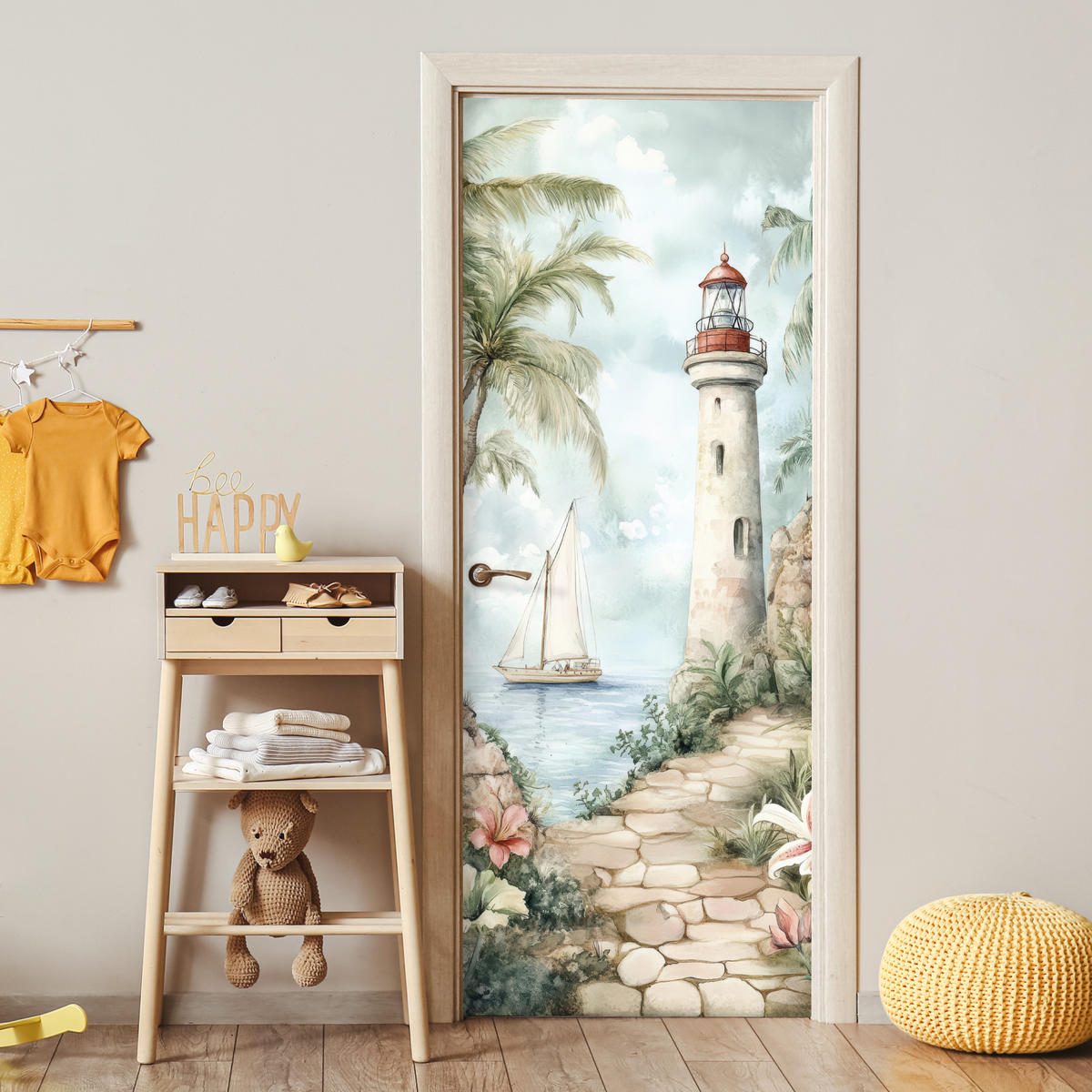 FOTOTAPETE Tür - Leuchtturm - Natur - Landschaft - Boot 95x235 cm - Eichefarben, Kunststoff (95/0.1cm) - MuchoWow