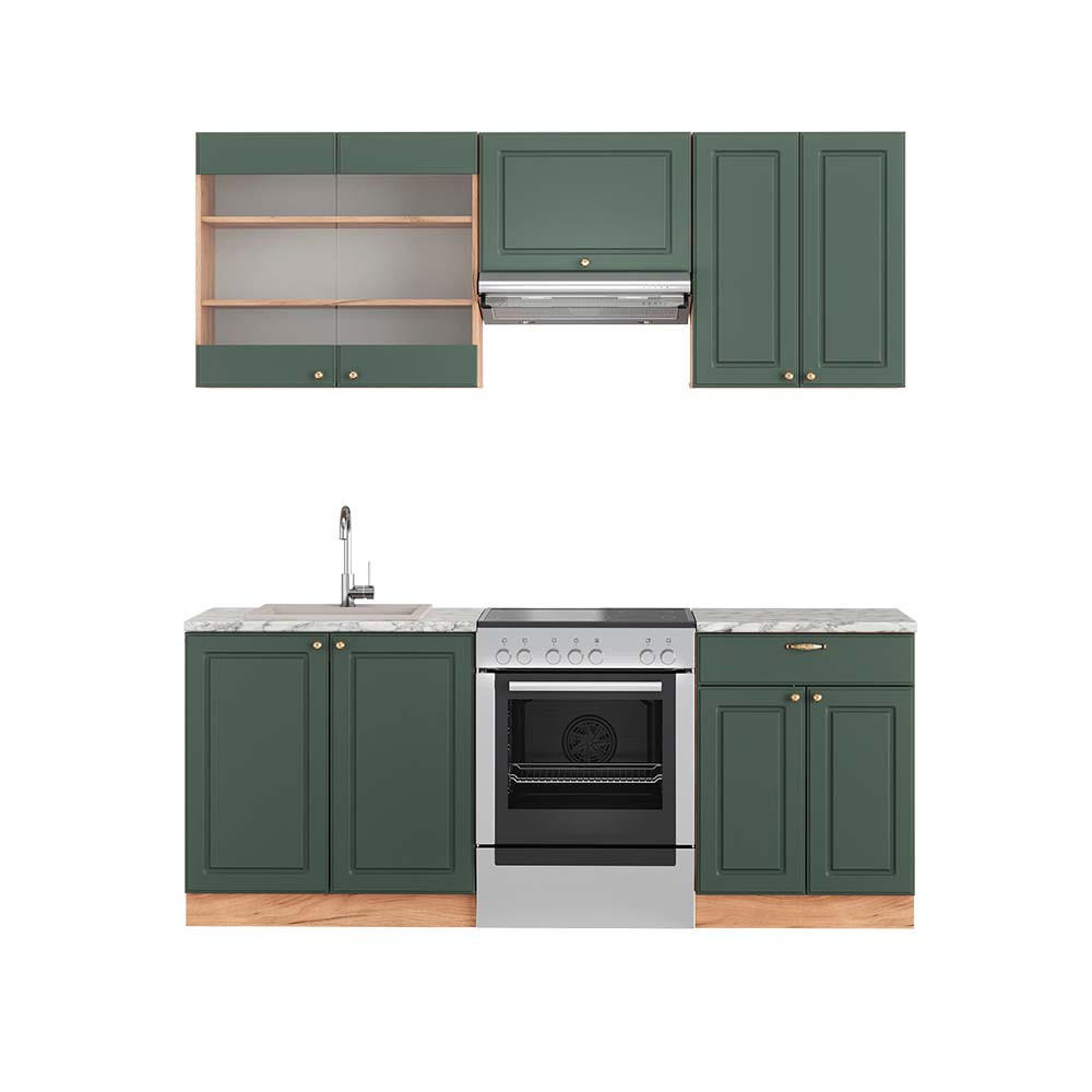 KÜCHENZEILE Fame-Line Grün-Gold Landhaus/Goldkraft Eiche 200 cm AP Marmor - Eiche Wotan/Grün, Holzwerkstoff (200/81.6/60cm) - Vicco