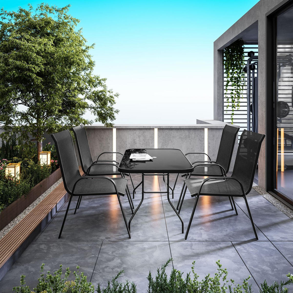 DINING LOUNGESET TERRA Gartenmöbelset aus Polyrattan - Schwarz, Textil - Lookway