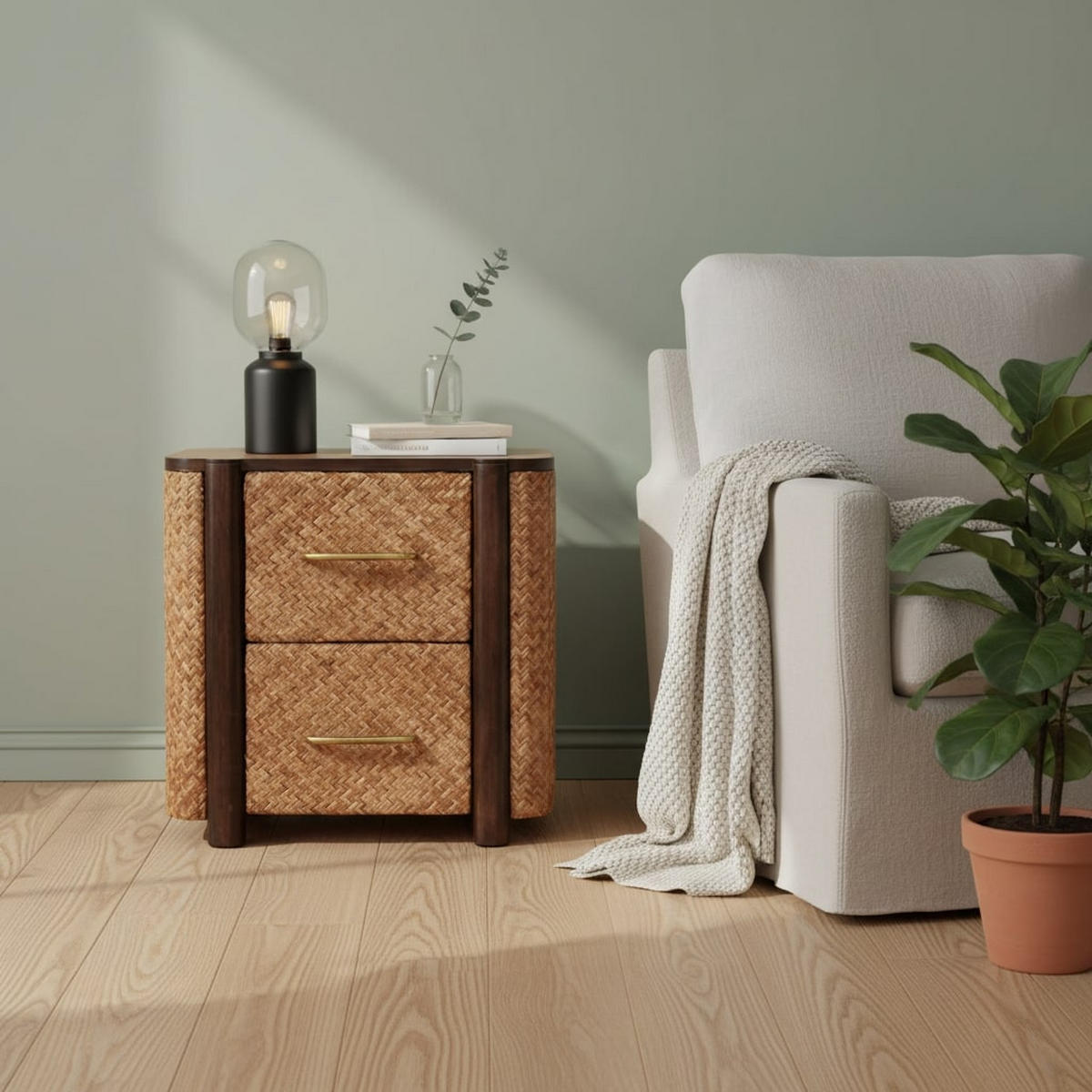 NACHTKASTEN Havana Geflechtfront, 2 Schubladen, Braun - Hellbraun/Messingfarben, Holz/Metall (50/50/38cm) - Artisan Furniture