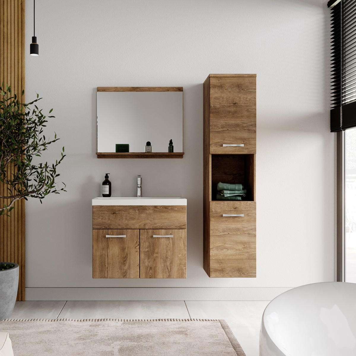 BADMÖBEL-SET Montreal 02 3 Teile Braun Eiche - 60 x 35 x 51 cm - Chromfarben/Eichefarben, Holz/Metall (60/51/35cm) - Badplaats