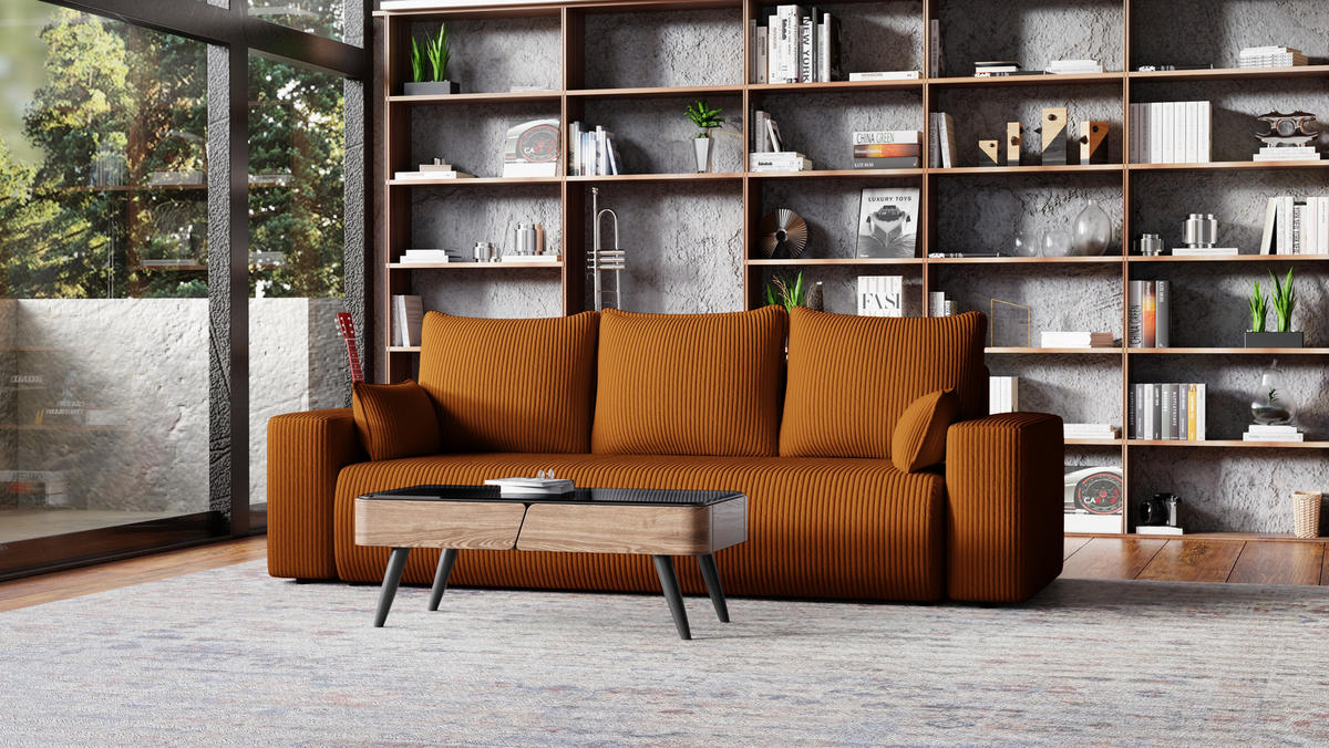 SOFA Bubi mit Bettkasten und Schlaffunktion, Cordstoff - Rostfarben, Holzwerkstoff (242/85/95cm)