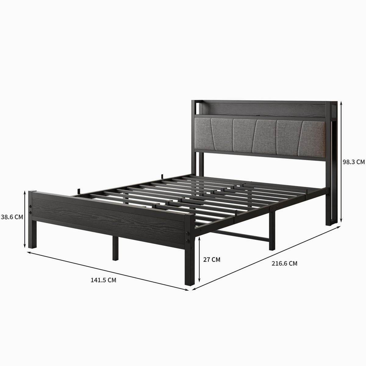 METALLBETT 140/200 cm Schwarz mit Stauraum-Kopfteil mit 2 USB-Ladeanschlüssen - Schwarz, Metall (140/200cm) - OKWISH