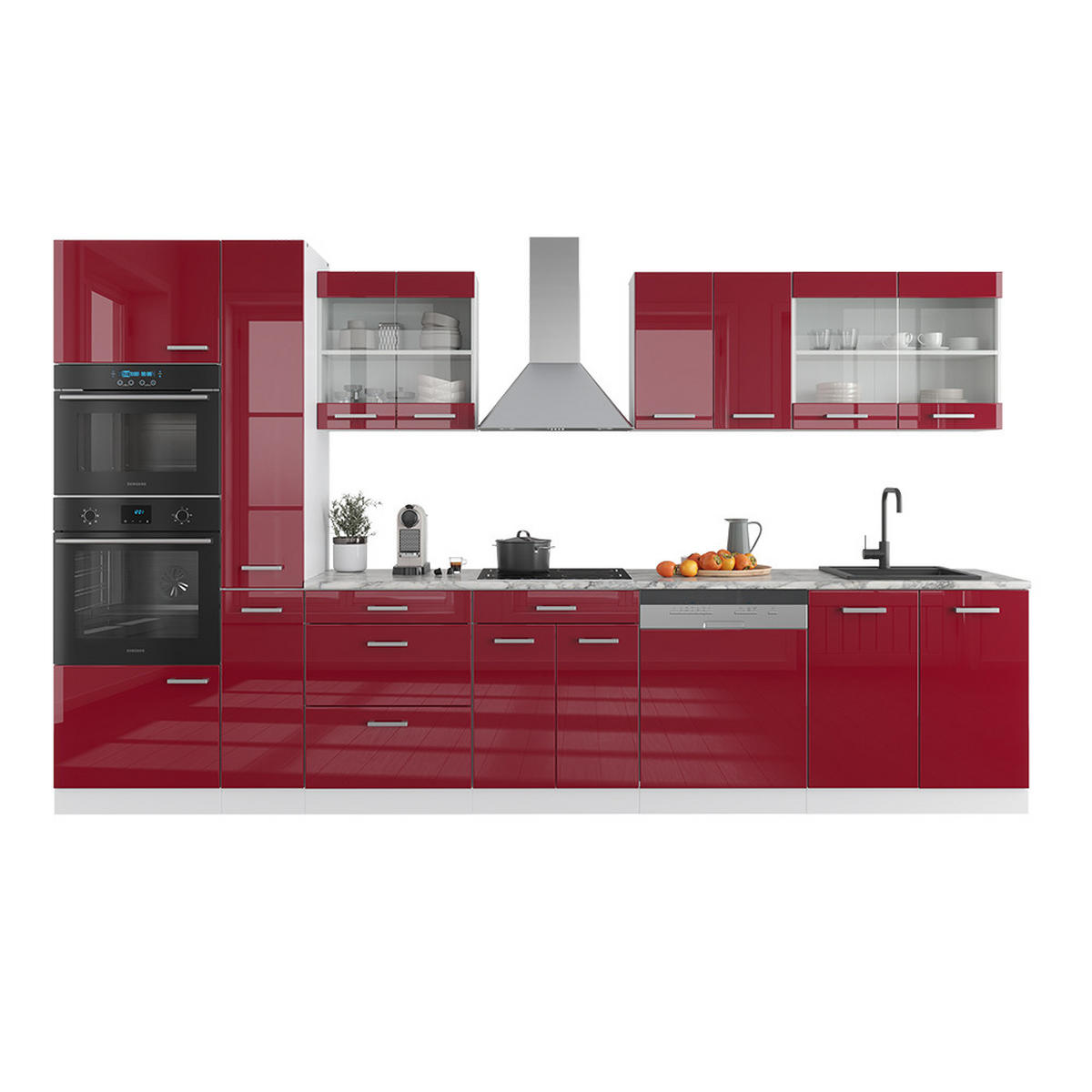KÜCHENZEILE R-Line Bordeaux Hochglanz/Weiß 350 cm mit Hochschrank AP Anthrazit - Bordeaux/Weiß, Holzwerkstoff (350/81.6/60cm) - Vicco
