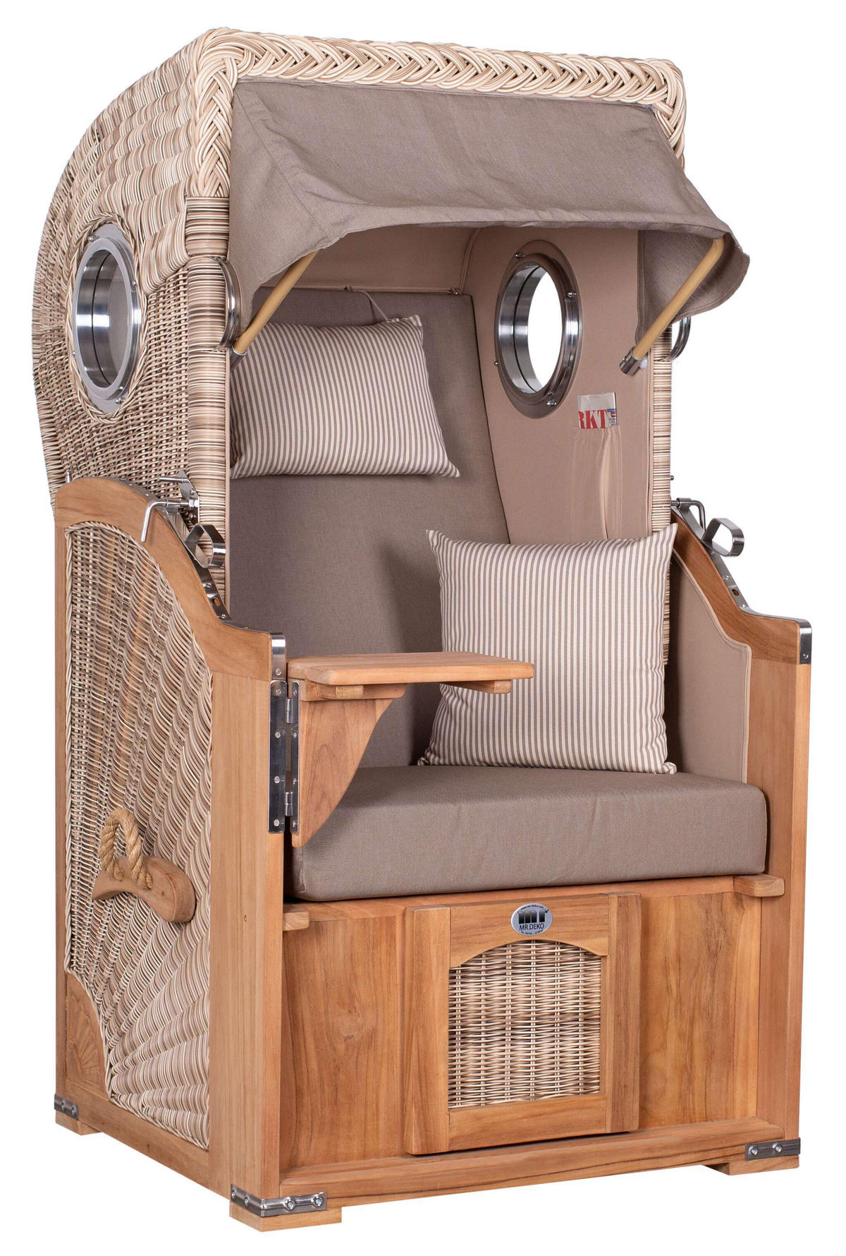 STRANDKORB Düne 1 Sitzer Teak PE Shell - Taupe/Braun, Holz/Textil (96/165/80cm) - Mr. Deko
