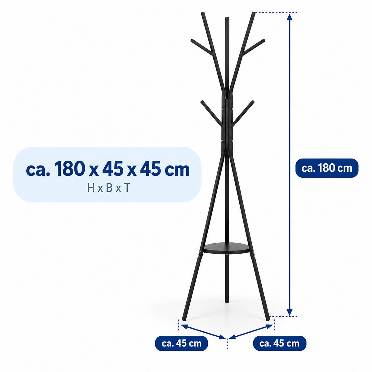 VĚŠÁK černý 9 háčků s policí - černá, kov/kompozitní dřevo (45/180/45cm) - Relaxdays