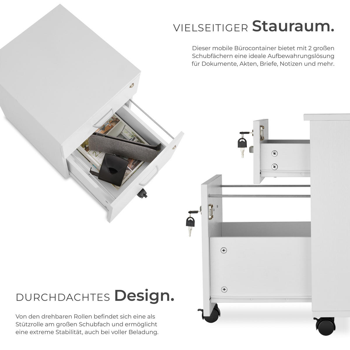 ROLLCONTAINER Vagur,40 x 44 x 54,5 cm,weiß - Weiß, Holzwerkstoff (40/54.5/46cm) - tectake