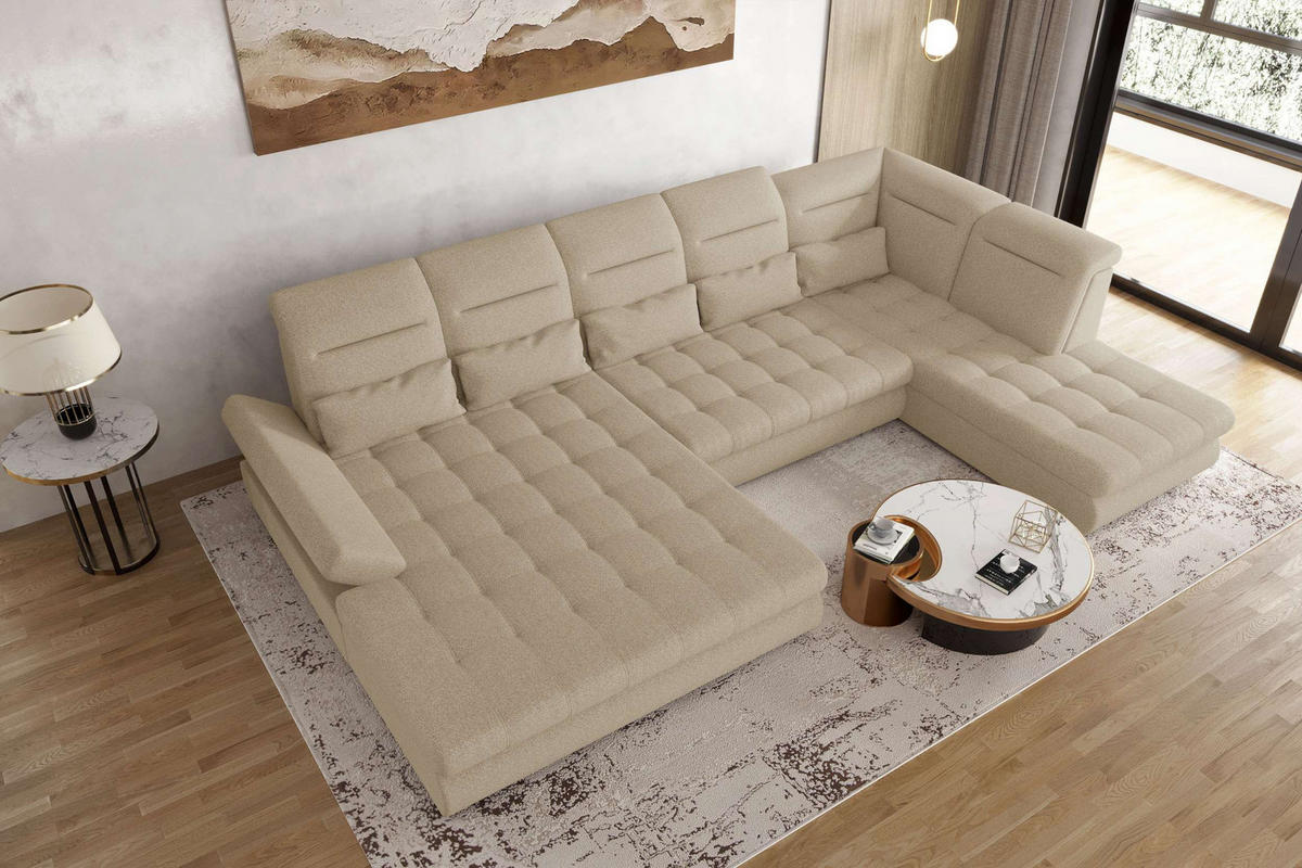 WOHNLANDSCHAFT Toscana Velours inkl. Schlaffunktion - Creme, Textil (208/87/358cm) - 99rooms