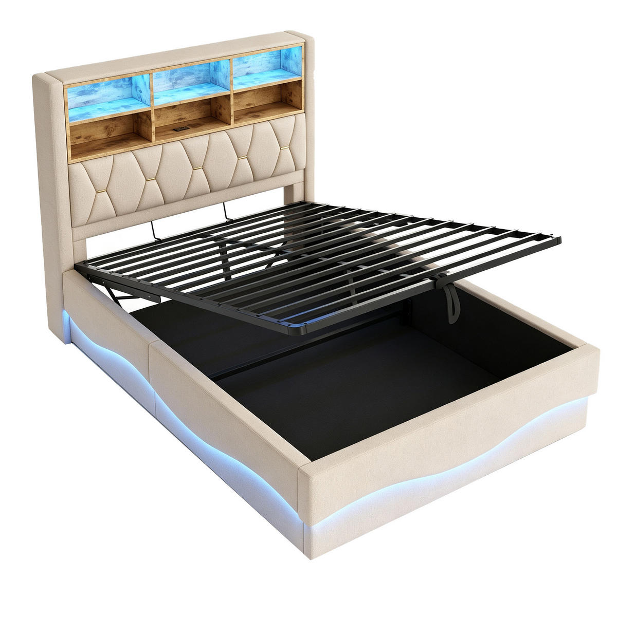 POLSTERBETT aus Leinen, Metall und Holzwerkstoffen 140x200 cm Beige mit LED-Beleuchtung, USB und Stauraum - Beige, Metall (140/200cm) - Modfu