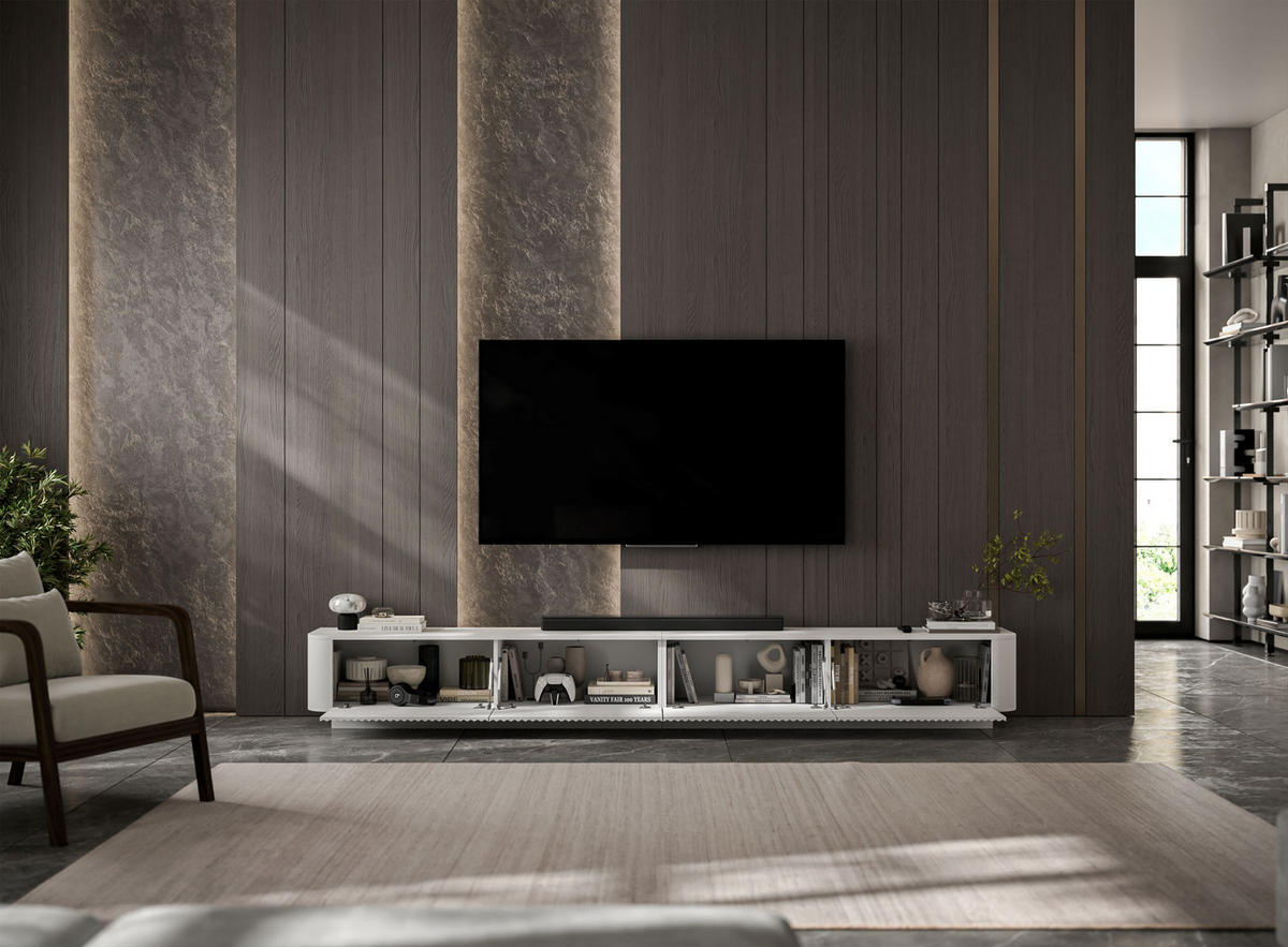 TV omarica Aurora, komplet 2 kosov s podstavkom, mat bela, 280 cm - bela, leseni material (280/37/35cm) - Meble Lindner