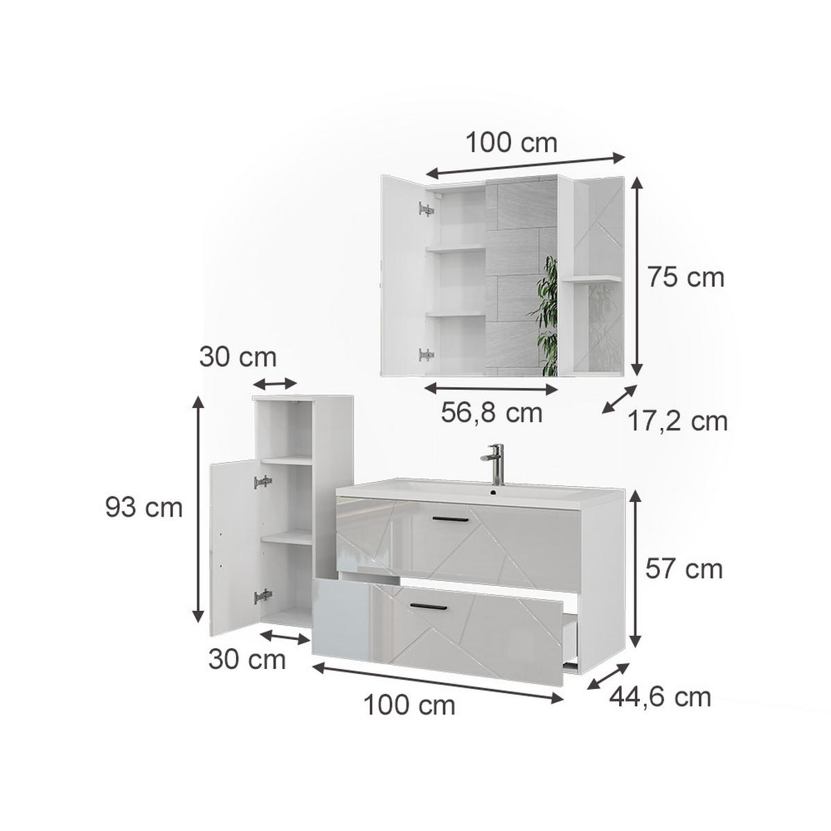 KOUPELNOVÁ SESTAVA NÁBYTKU Irma Bílá/bílý vysoký lesk - vysoce lesklá bílá, kompozitní dřevo (100/57/46cm) - Vicco