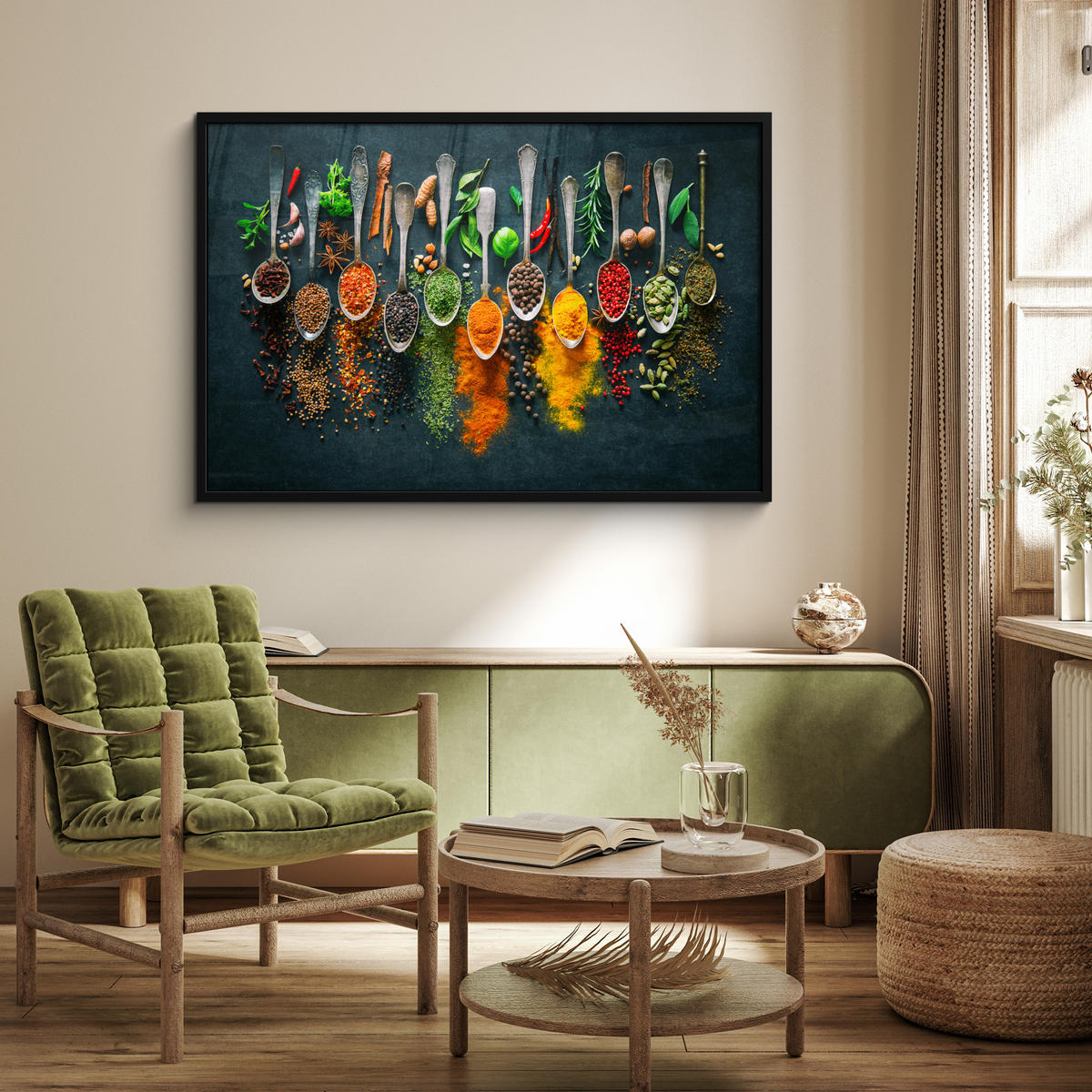 POSTER MIT RAHMENGERAHMTES BILD - Kräuter - Gewürze - Löffel - 120x80 cm - Currygelb, Papier (120/80cm) - MuchoWow