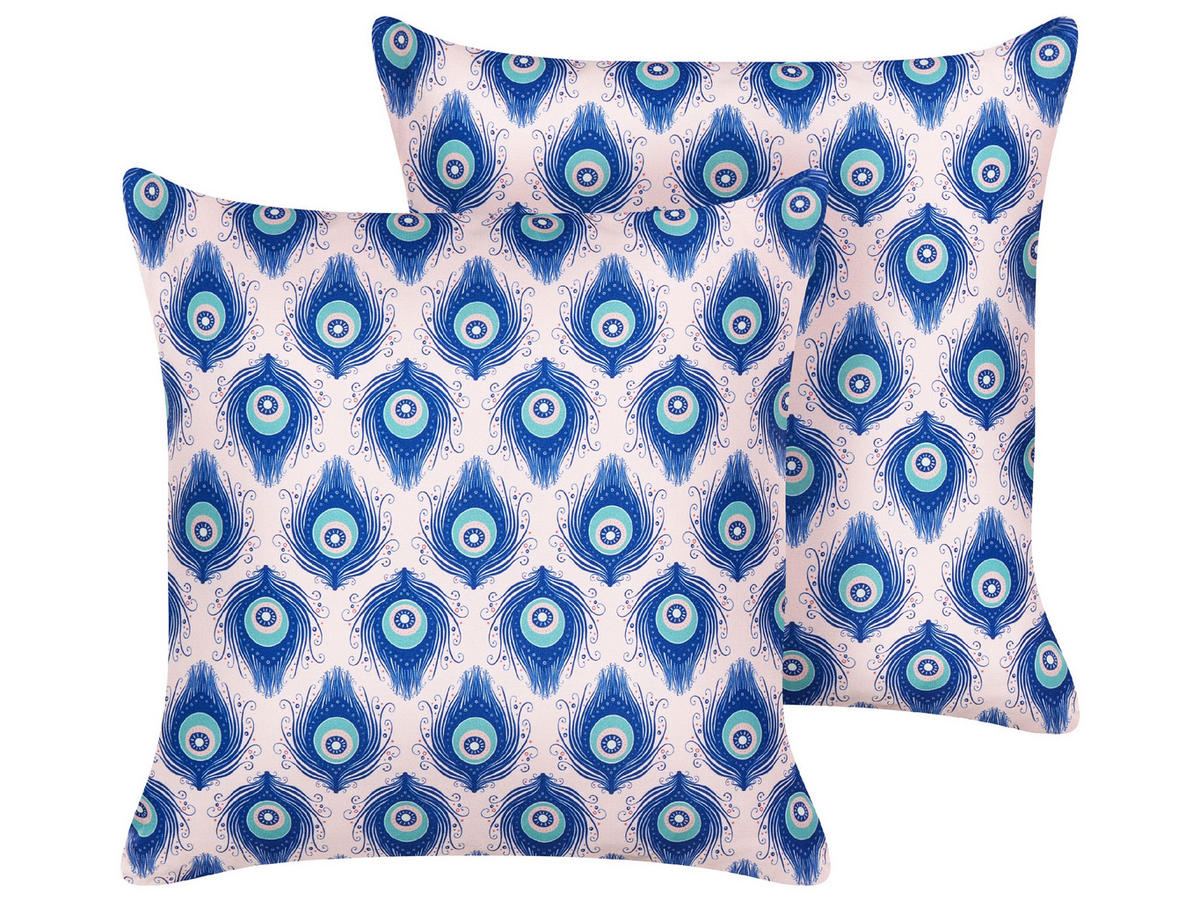 OUTDOOR-KISSEN 2er-Set Pfauenmuster blau/rosa 45/45 cm Ceriana - Blau, Textil (45/45cm) - Beliani