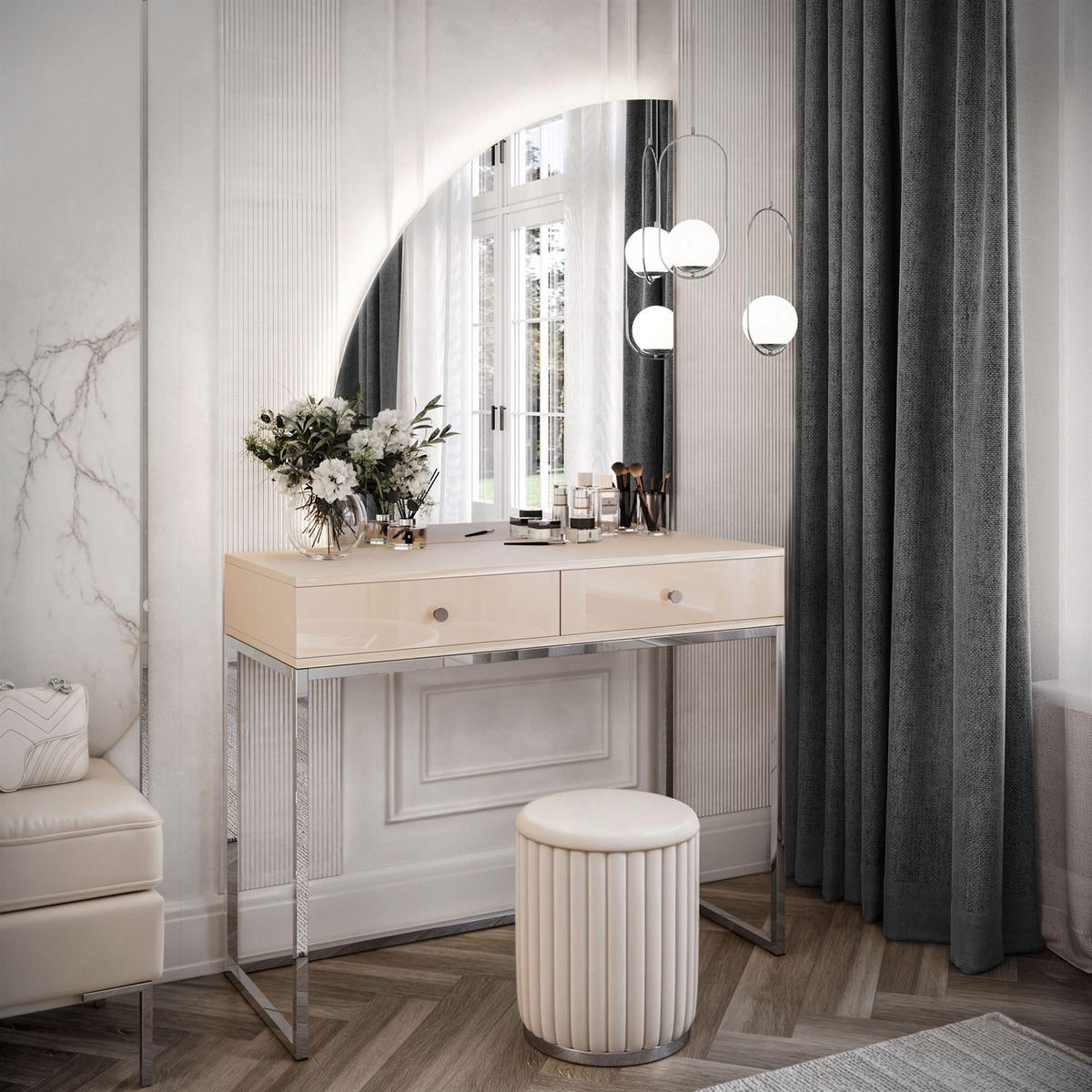 SCHMINKTISCH QUINNIE KASCHMIR mit LED-Spiegel Chrom links silber Griff - Kaschmir/Silberfarben, Holzwerkstoff (100/175/42cm) - Lookway