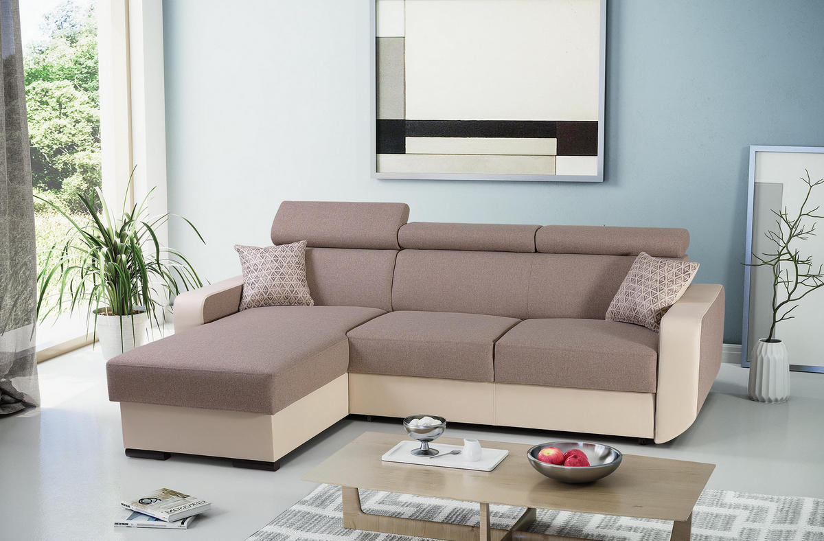 ECKSOFA PALAZZO Braun Geflochtener Stoff mit Schlaffunktion - Braun, Holz (236/165cm) - MASSENO
