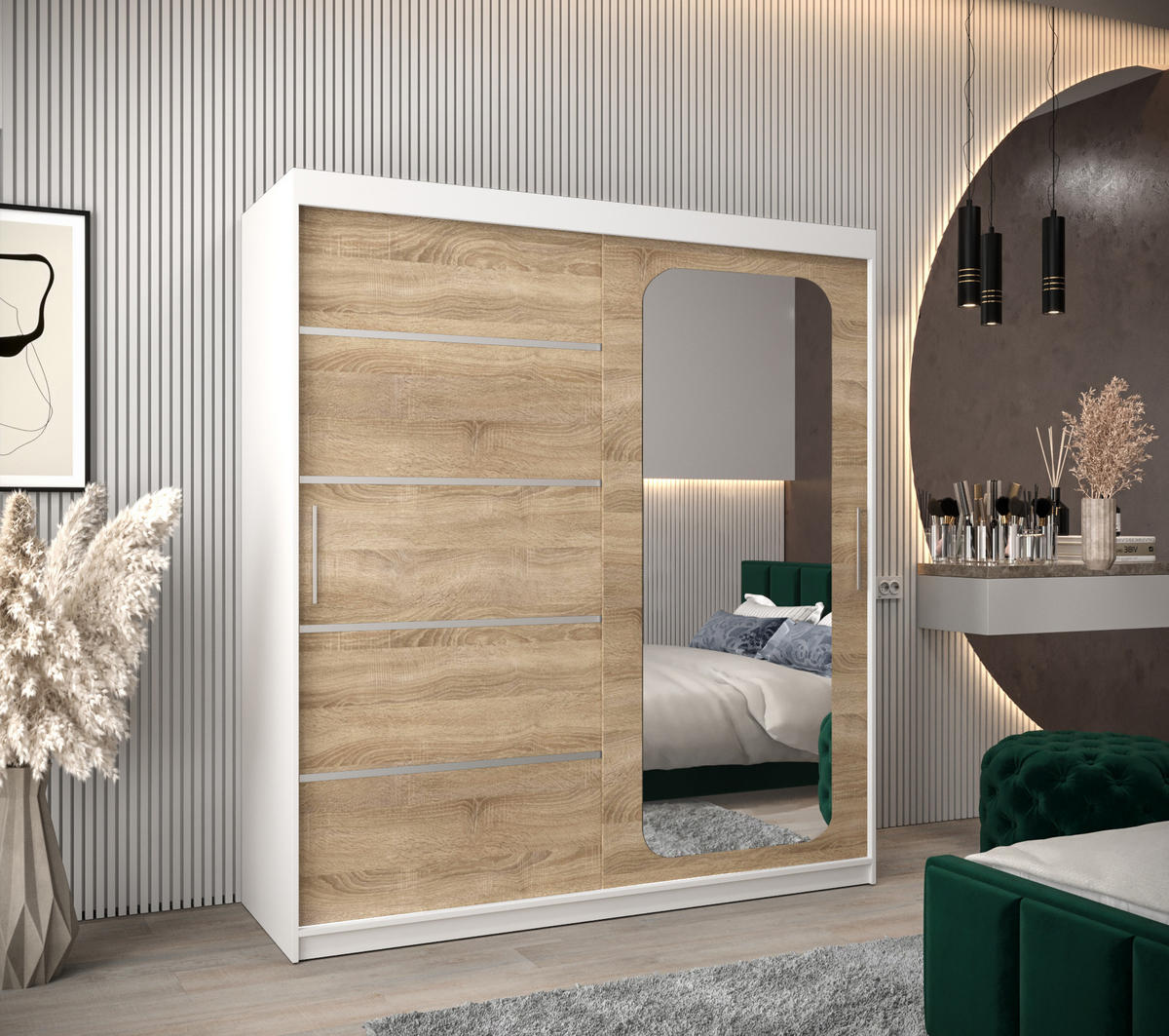 SCHWEBETÜRENSCHRANK 200/180/62 2-türig - Silberfarben/Weiß, Holz/Kunststoff (180/200/62cm) - Abiks Möbel