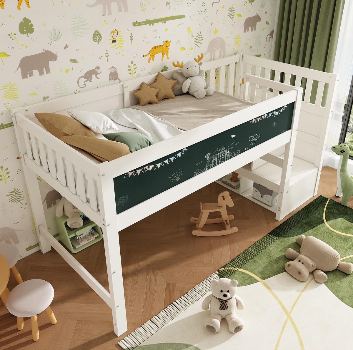 HOCHBETT aus Massivholz und MDF 90x200 cm Weiß mit Stauraumtreppe und Schreibtafel - Weiß, Holzwerkstoff (90/200cm) - IVMEU