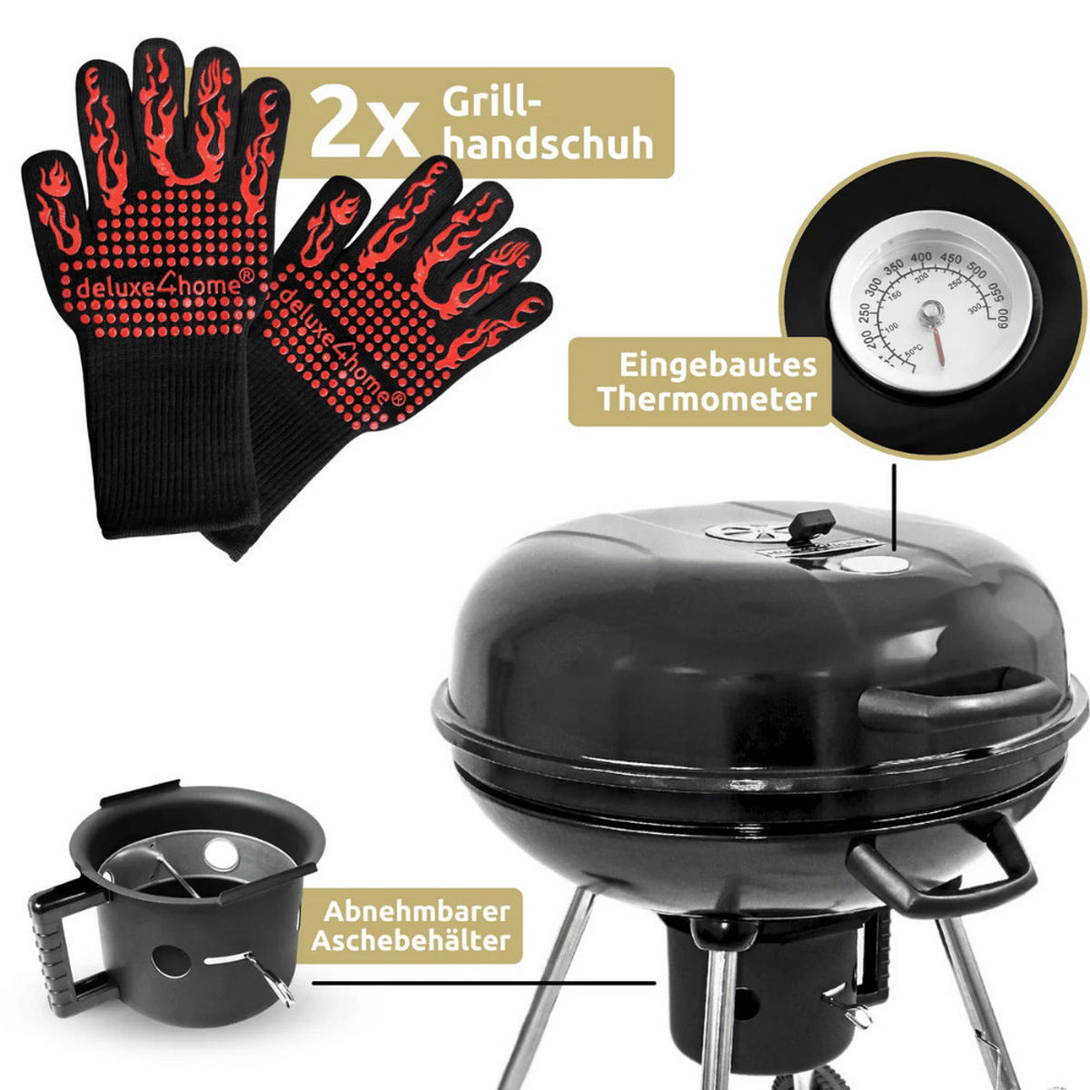 KUGELGRILL Holzkohle ENNO BBQ Grill Holzkohlegrill Schwarz - Schwarz, Metall (58.7/86/63.5cm) - DELUKE