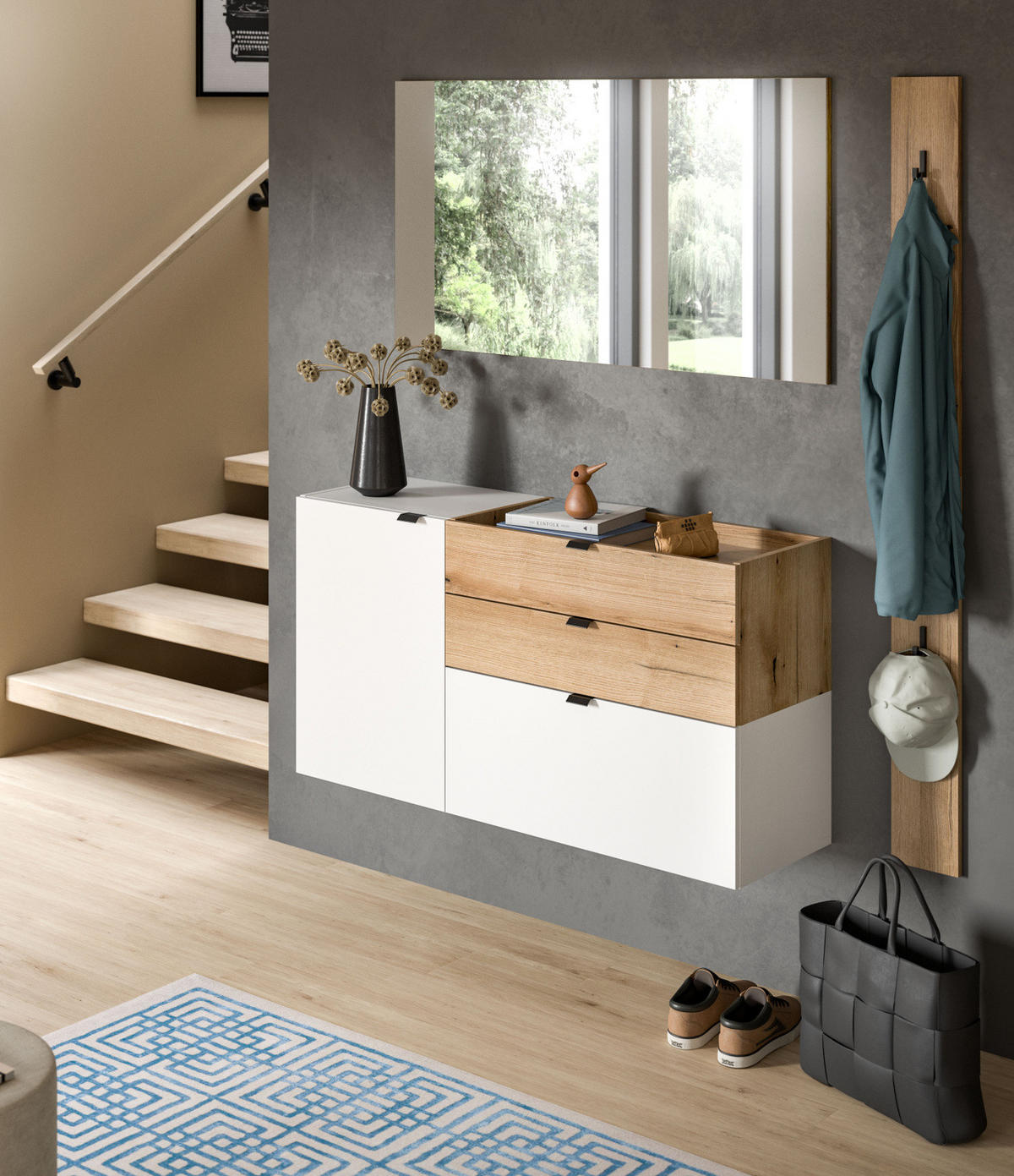 SCHUHSCHRANK weiß, Evoke Eiche 120 cm, Flur Kommode hängend mit Soft-Close - Eichefarben/Schwarz, Holzwerkstoff/Kunststoff (120/64/37cm) - Inn.Furn