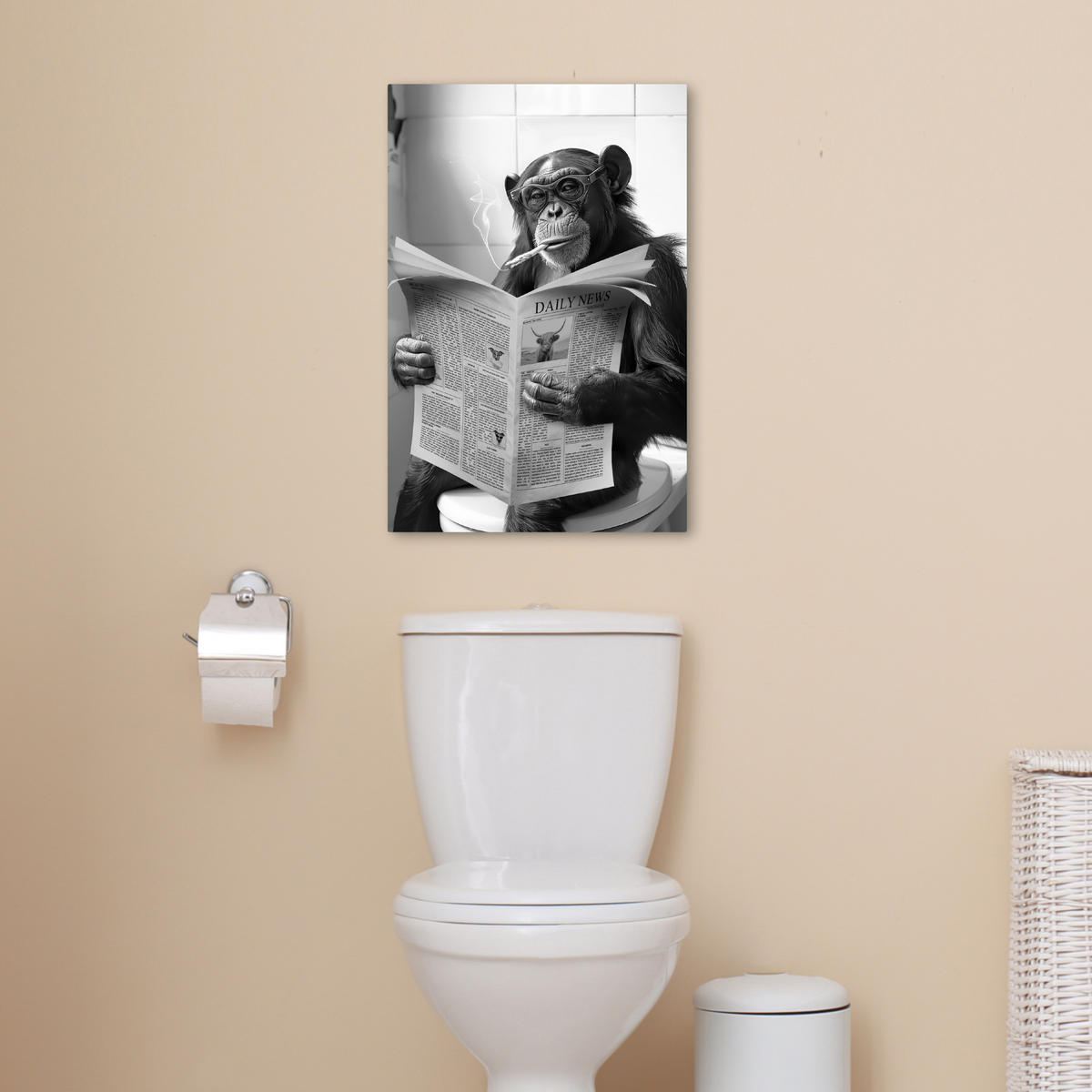 LEINWANDBILD Affe - WC - Zeitung - Schwarz-Weiß - Humor 40x60 cm - Hellgrau, Textil (40/60cm) - MuchoWow