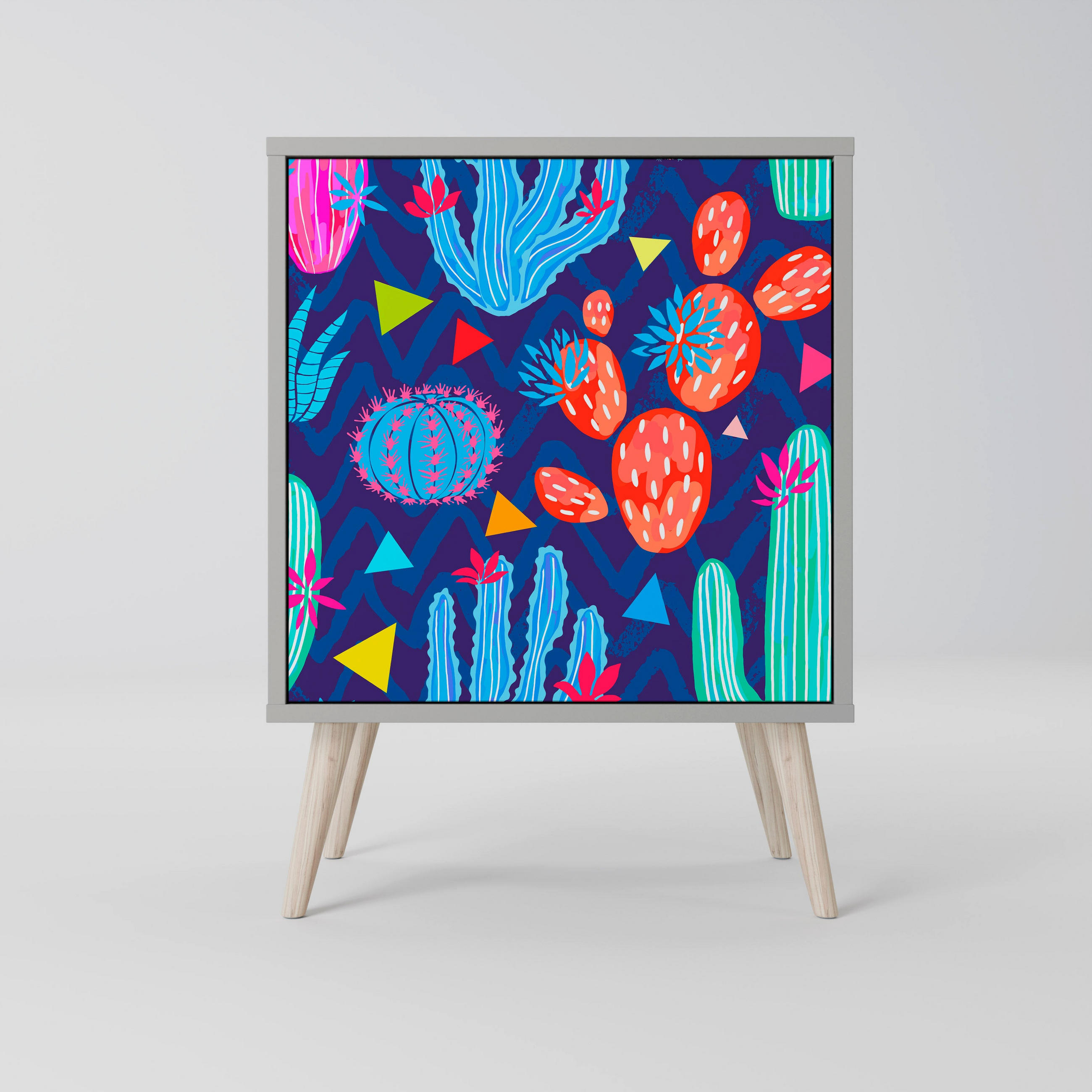 SIDEBOARD CACTUS VIBES, Grau, 57,5x42x77,5 cm, Schräge Buchenholzfüße - Buchefarben/Multicolor, Holzwerkstoff/Buchenholz (57.5/77.5/42cm) - SpaceRebels
