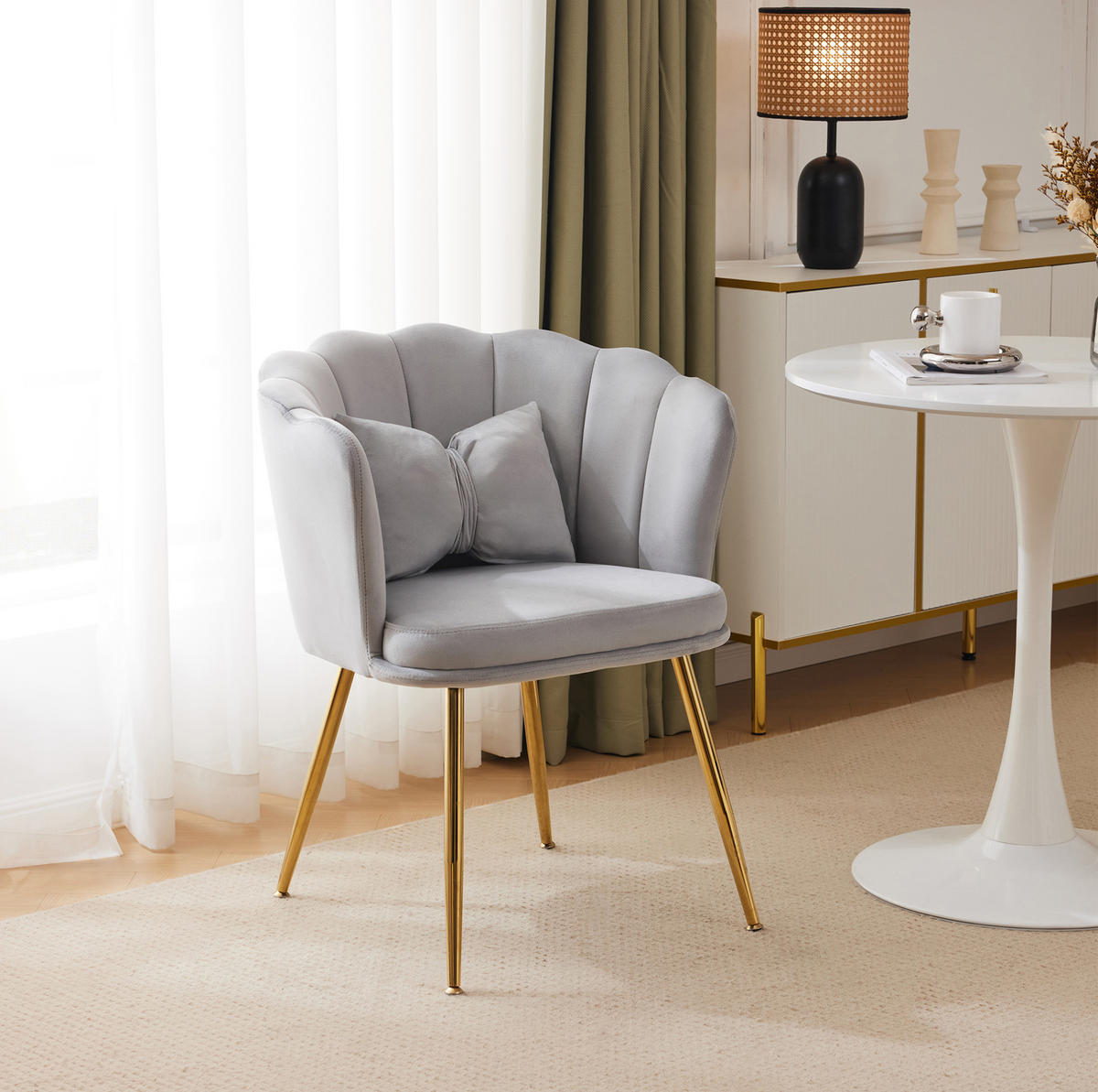 SESSEL 63x58x77 cm in Grau, Samt Blütenblatt, 9 cm Polster, vergoldete Metallbeine, ergonomisch - Grau, Textil (58/77/63cm) - Modfu