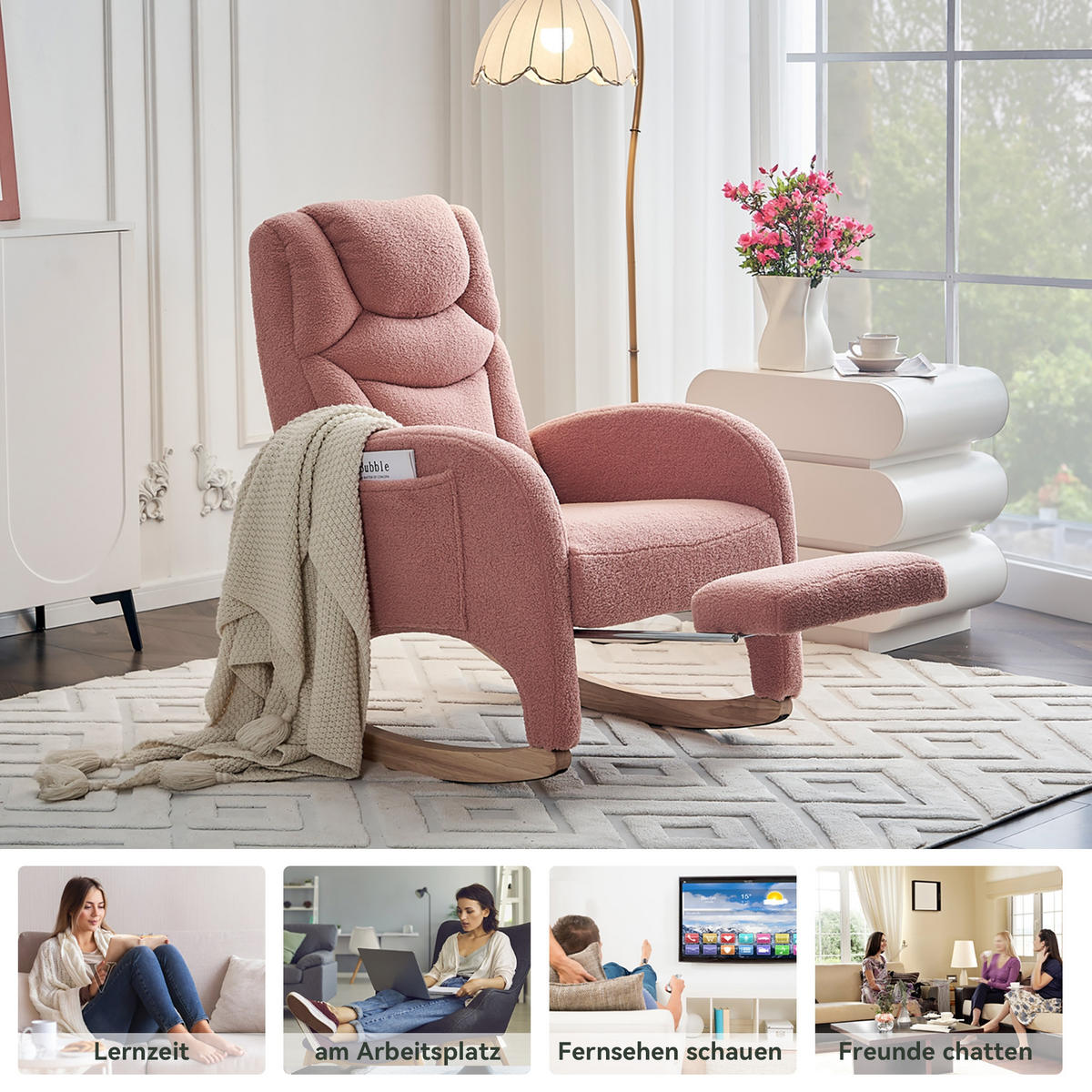 SCHAUKELSTUHL Rosa Teddy mit Klappbare Pedale - Rosa, Textil (125/101/66cm) - Oxeza