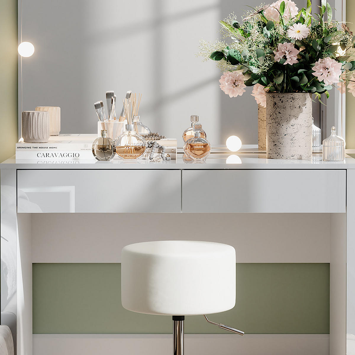 SCHMINKTISCH Annabelle Weiß Hochglanz/Weiß 110 cm mit LED-Beleuchtung und Hocker - Weiß Hochglanz/Weiß, Holzwerkstoff (110/75.5/50cm) - Vicco