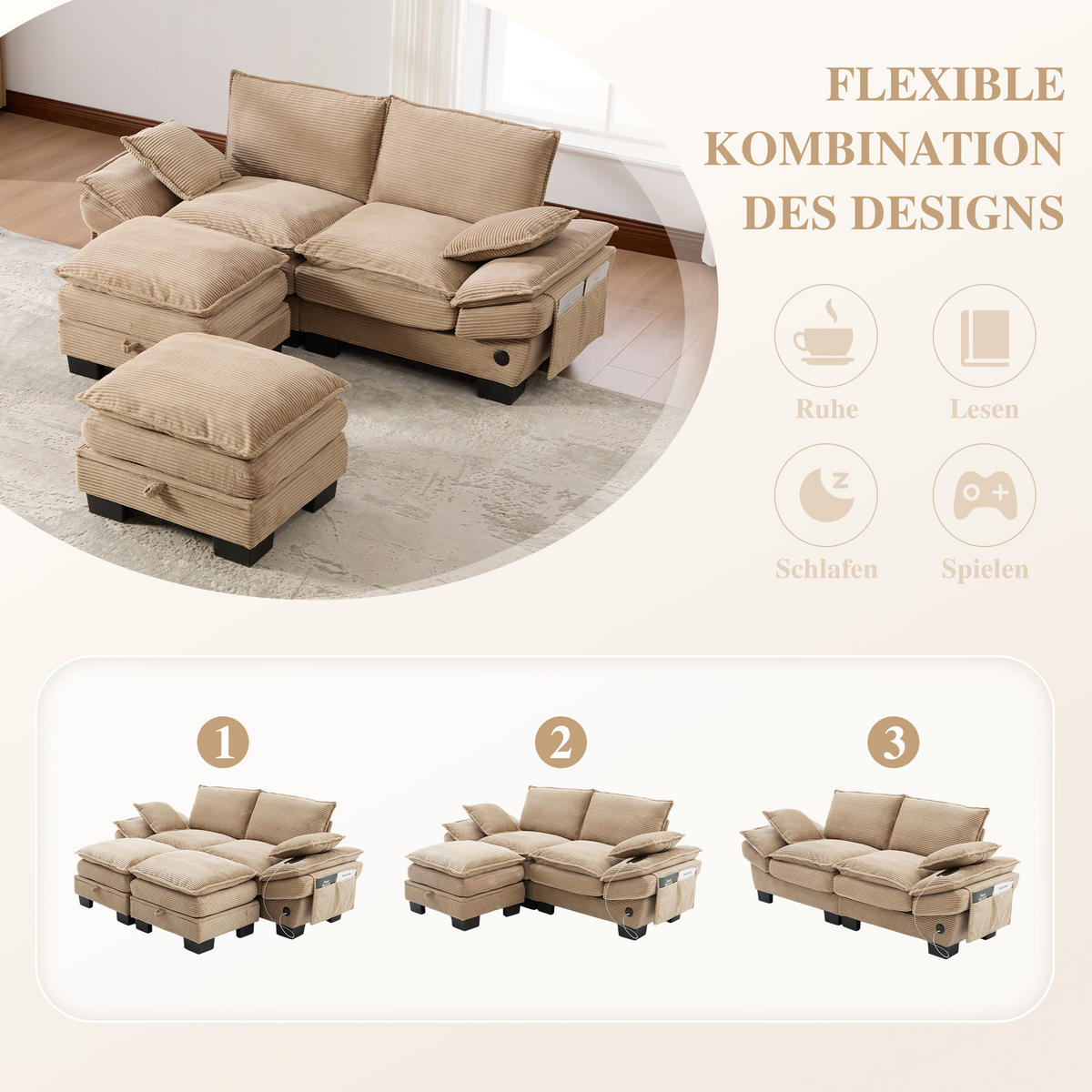 2-SITZER SOFA Cord Khaki mit Hocker, USB-C und Seitentaschen - Hellbraun, Holzwerkstoff/Kunststoff (190/84/132cm) - WISHDOR