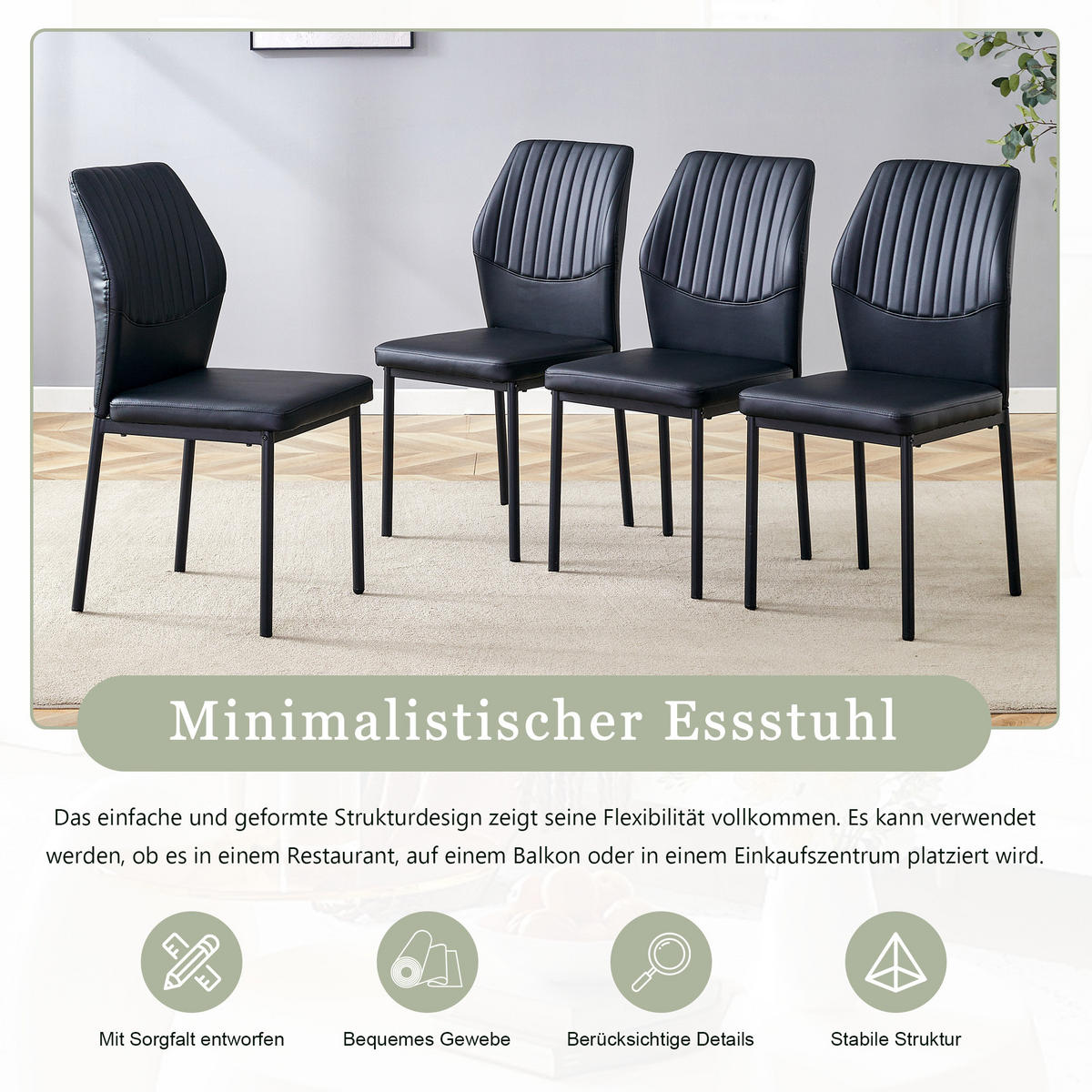 STUHL-SET DE-36578 4 Stück mit PU-Bezug und Metallbeinen Schwarz - Schwarz, Metall (42.6/93/43cm) - ComfortXL