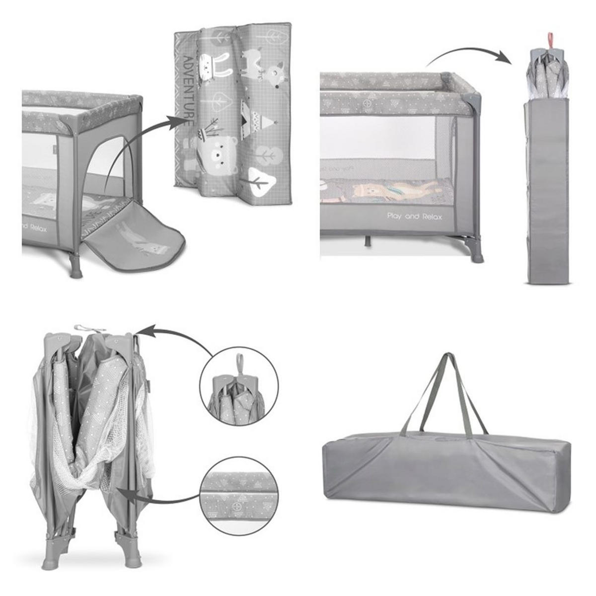 LAUFSTALL Play`n Relax grau 100 x 100 cm, seitliche Öffnung, Matratze, Tragetasche, Babyreisebett - Grau, Metall (100/75/100cm) - Lorelli