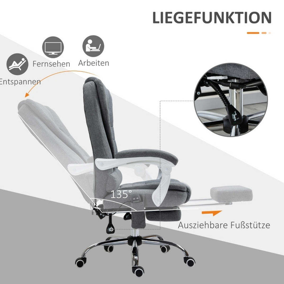 DREHSTUHL 65/70/111-119 cm grau aus Polyester mit Massage und Fußstütze - Grau, Kunststoff (70/119/65cm) - OKWISH
